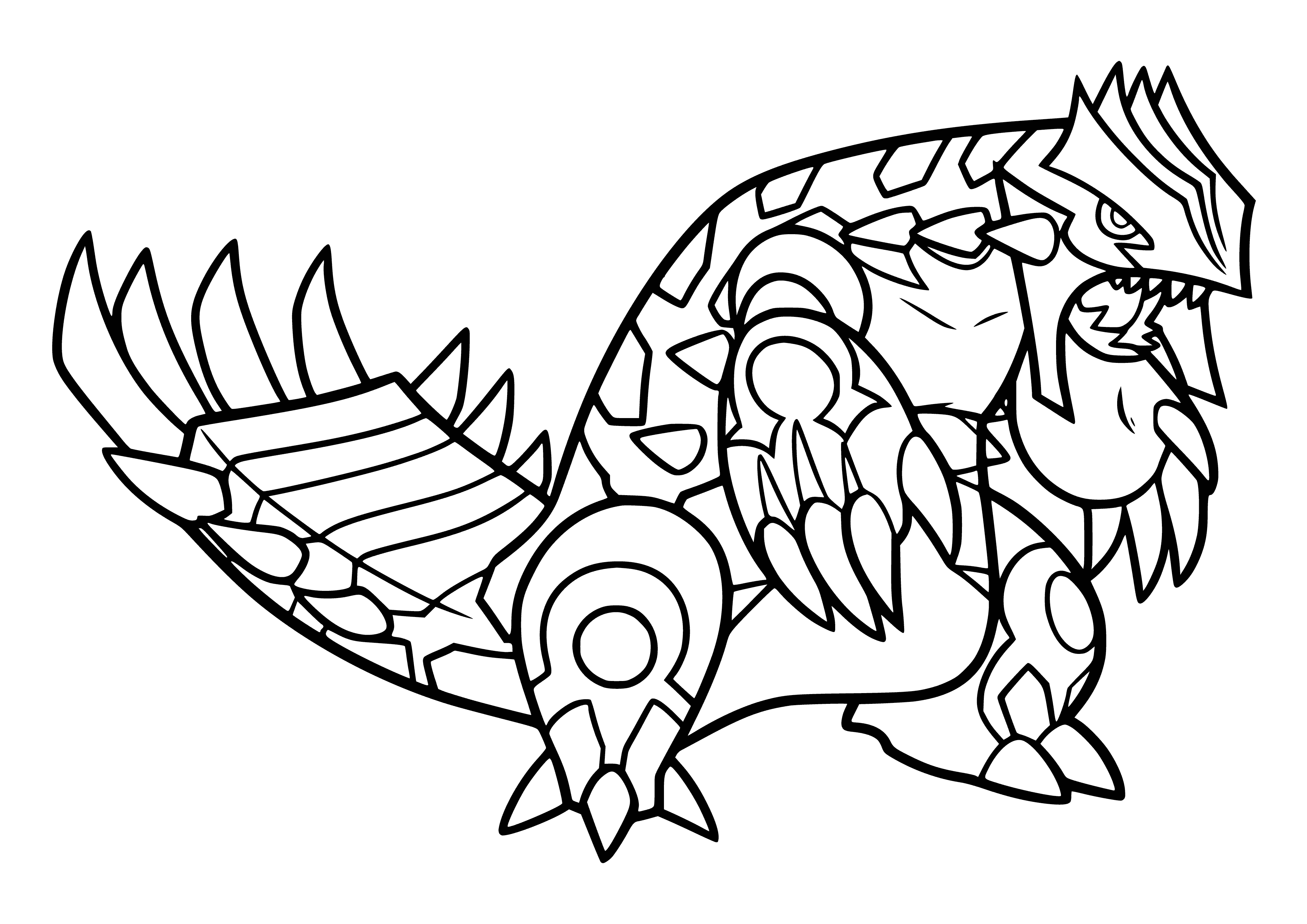 coloring page: Groudon is a large, red Pokémon resembling a dinosaur, with white horn, plates, small eyes and a long tail.