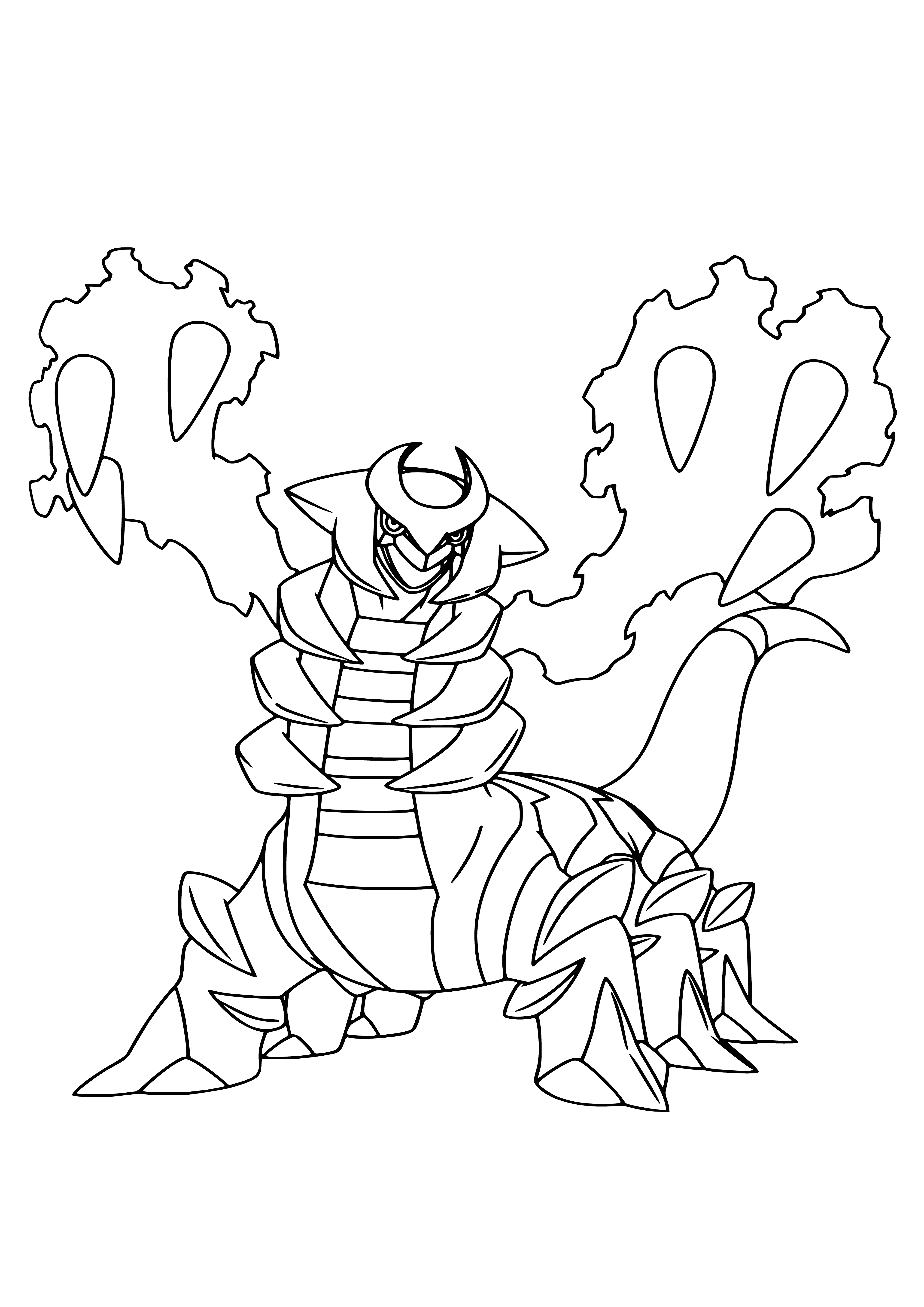 coloring page: Legendary Pokemon Giratina is a Ghost/Dragon type & version mascot for Pokemon Platinum. It's large, dark blue & snake-like w/ white wings, red eyes, & horn.