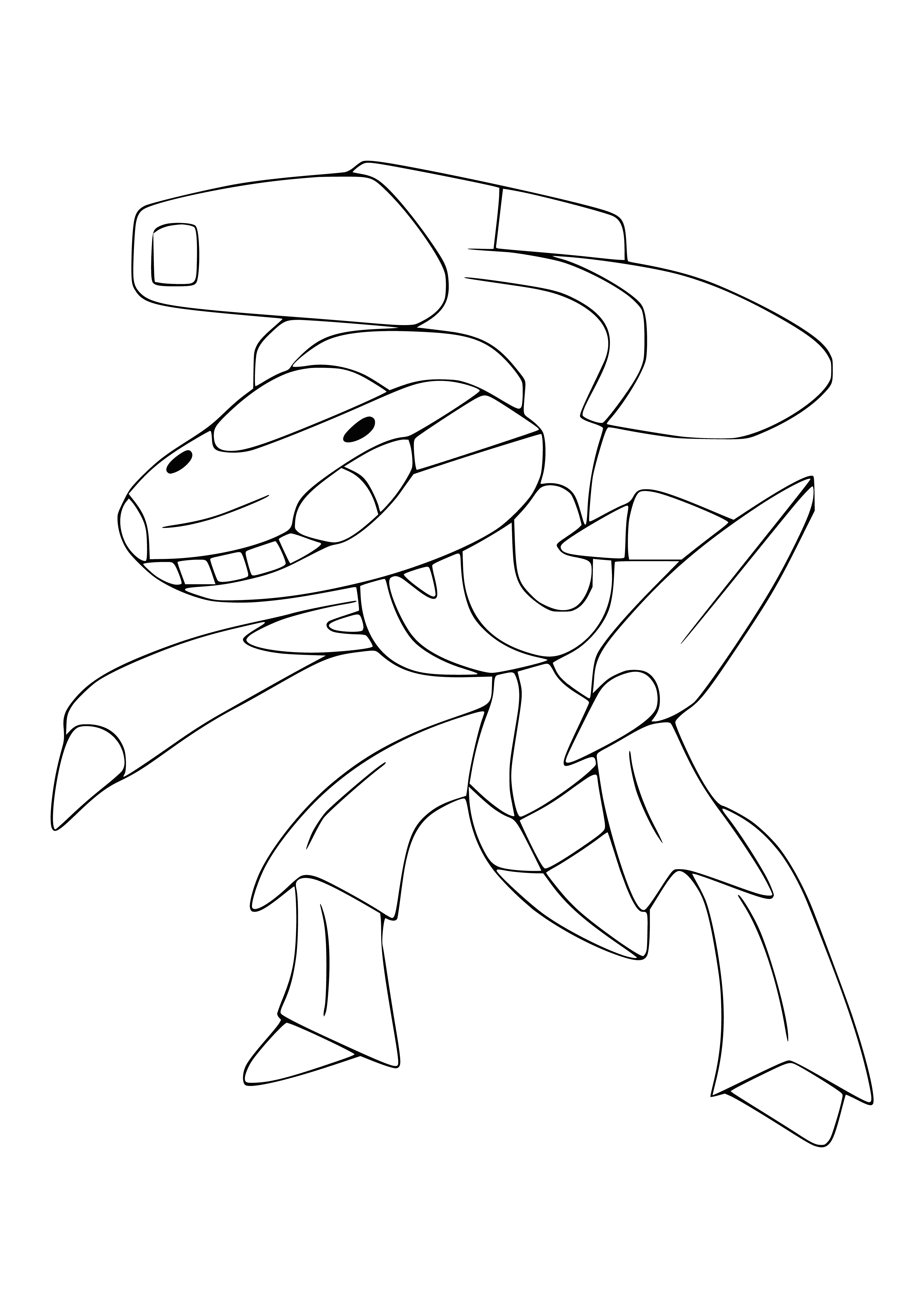 coloring page: Legendary Pokemon Genesect is a Psychic/Steel type with red carapace, blue limbs, red eyes & yellow crest. It carries a big blue cannon on its back.