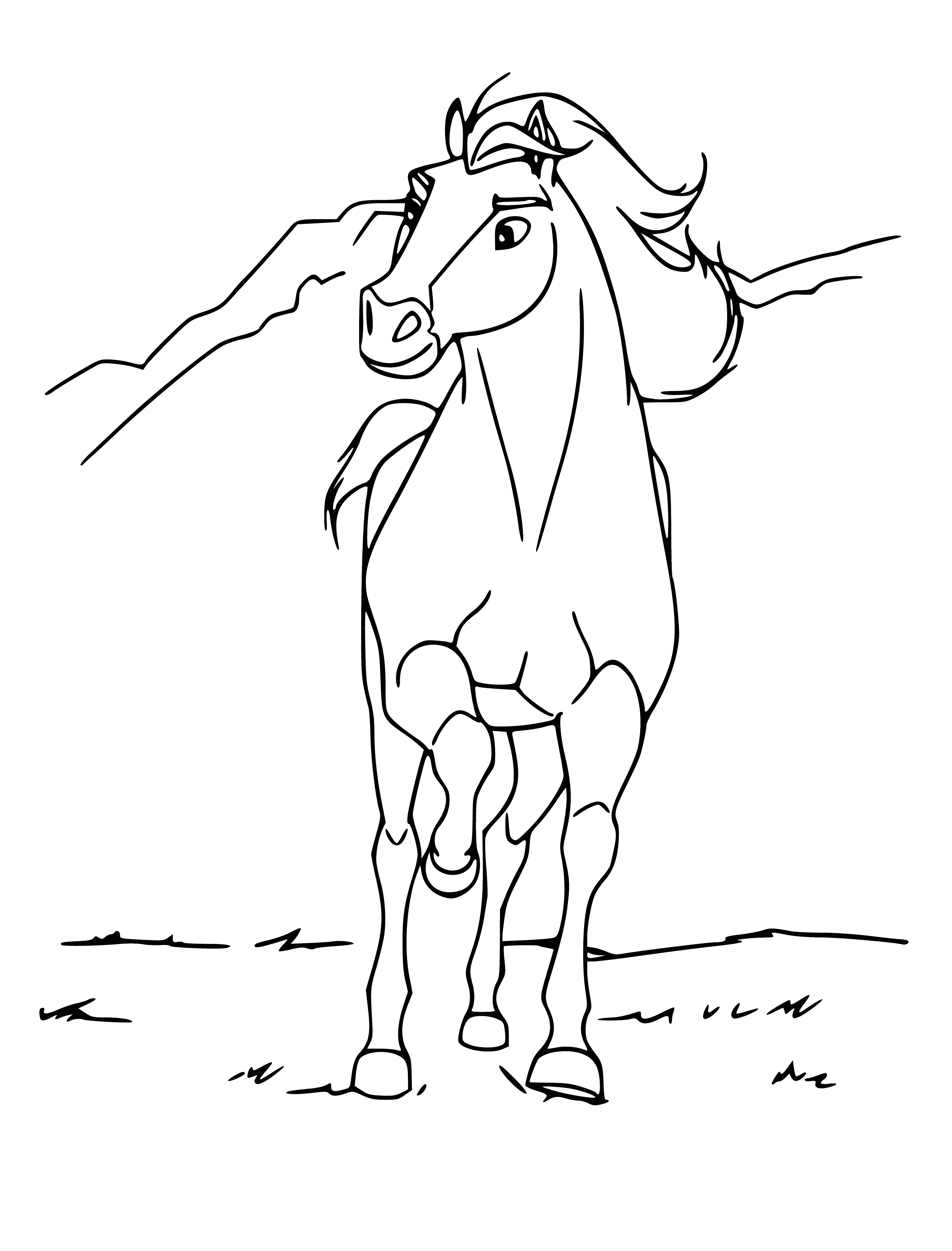 coloring page: Describe the coloring page on the coloring page: A mustang stallion with a light coat, black mane, and dark eyes is standing on a hill surrounded by grass and trees. He looks strong and powerful.