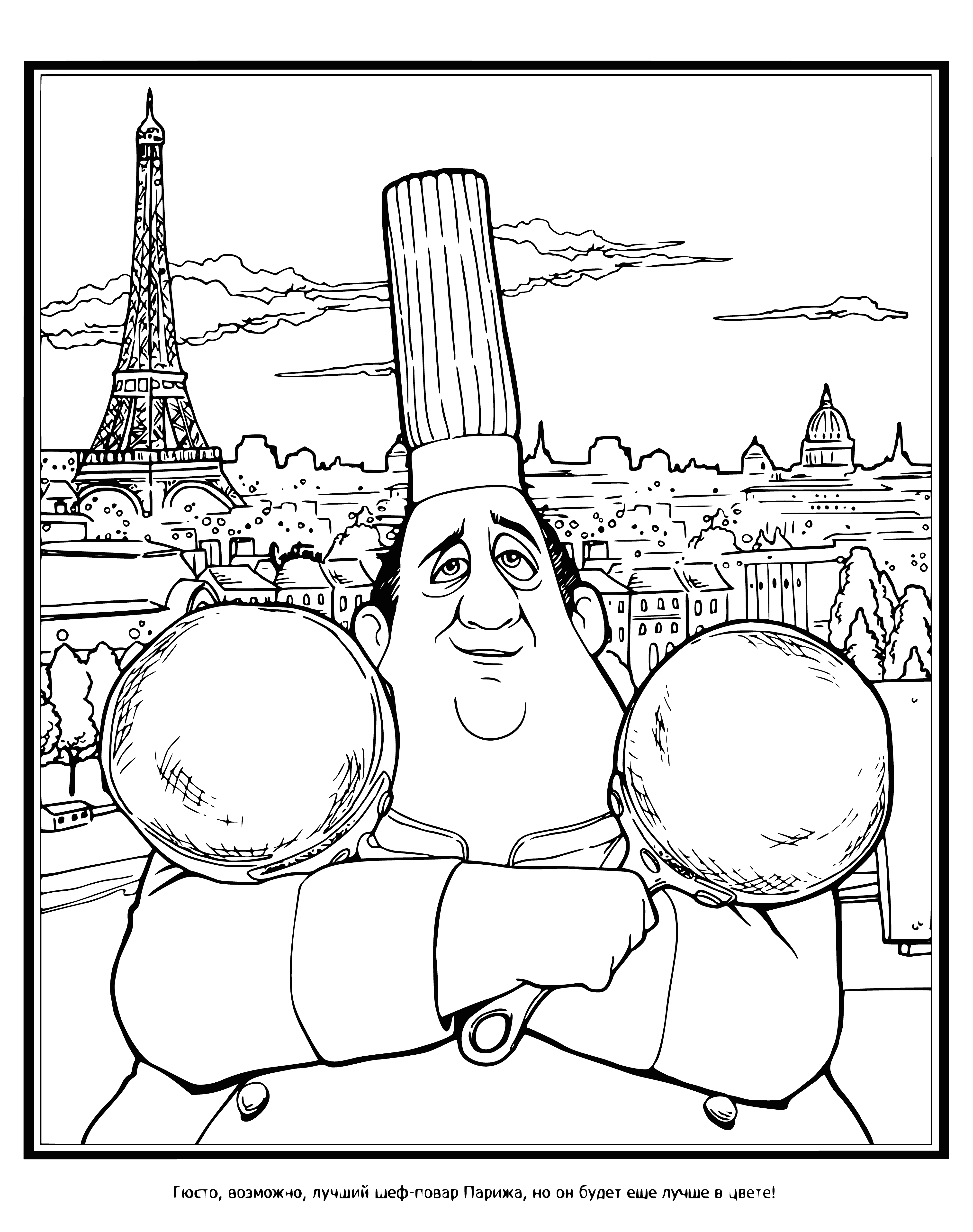 coloring page: Chef rat stands on its hind legs stirring a pot on the stove in a coloring page. Wearing a chef's hat & large mustache.