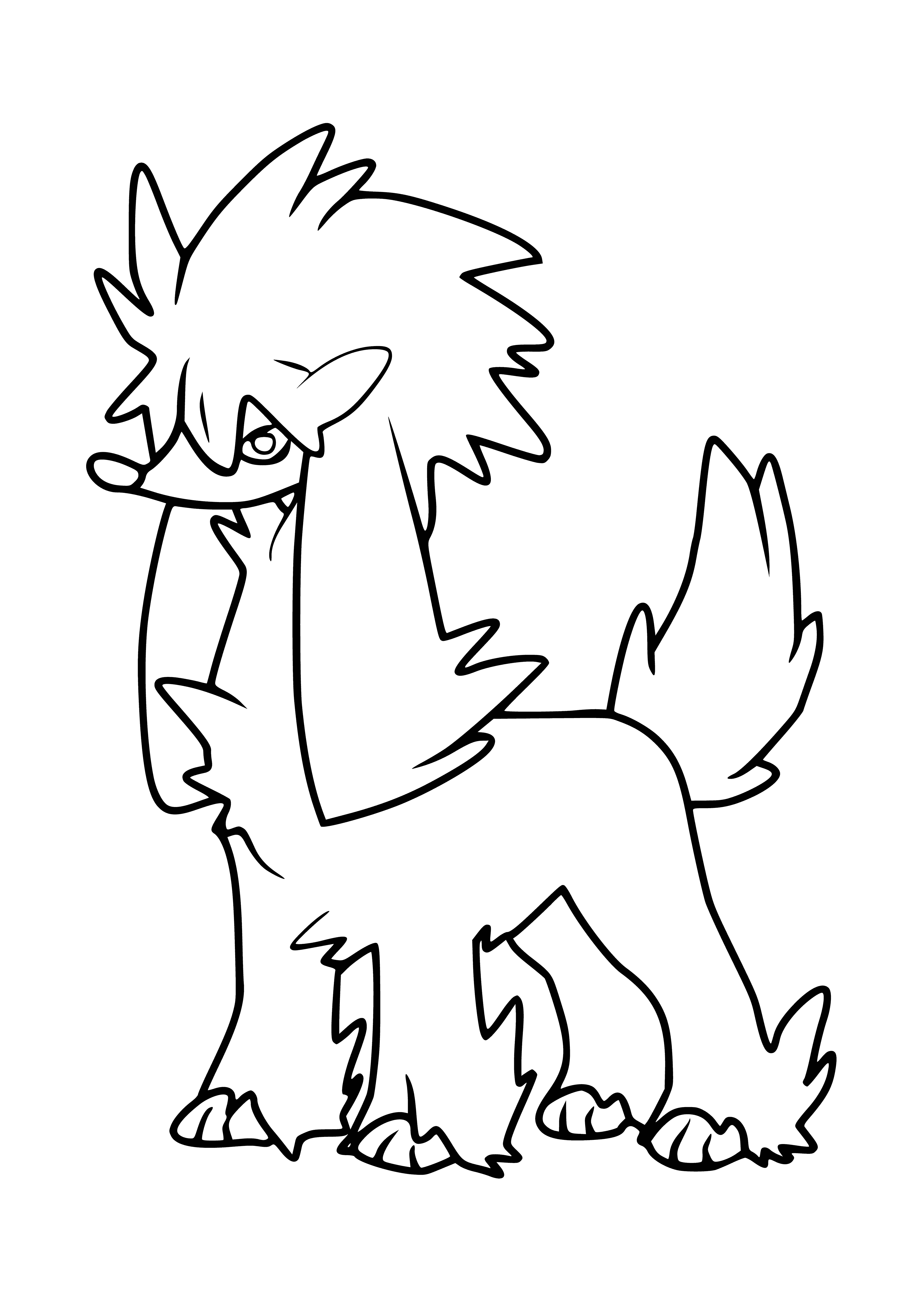 coloring page: Pokemon Furfrou is a bipedal, grey Pokemon with a white chest, tufted head, red eyes, and a white ruff and tail. Black fur, stripes on its legs.