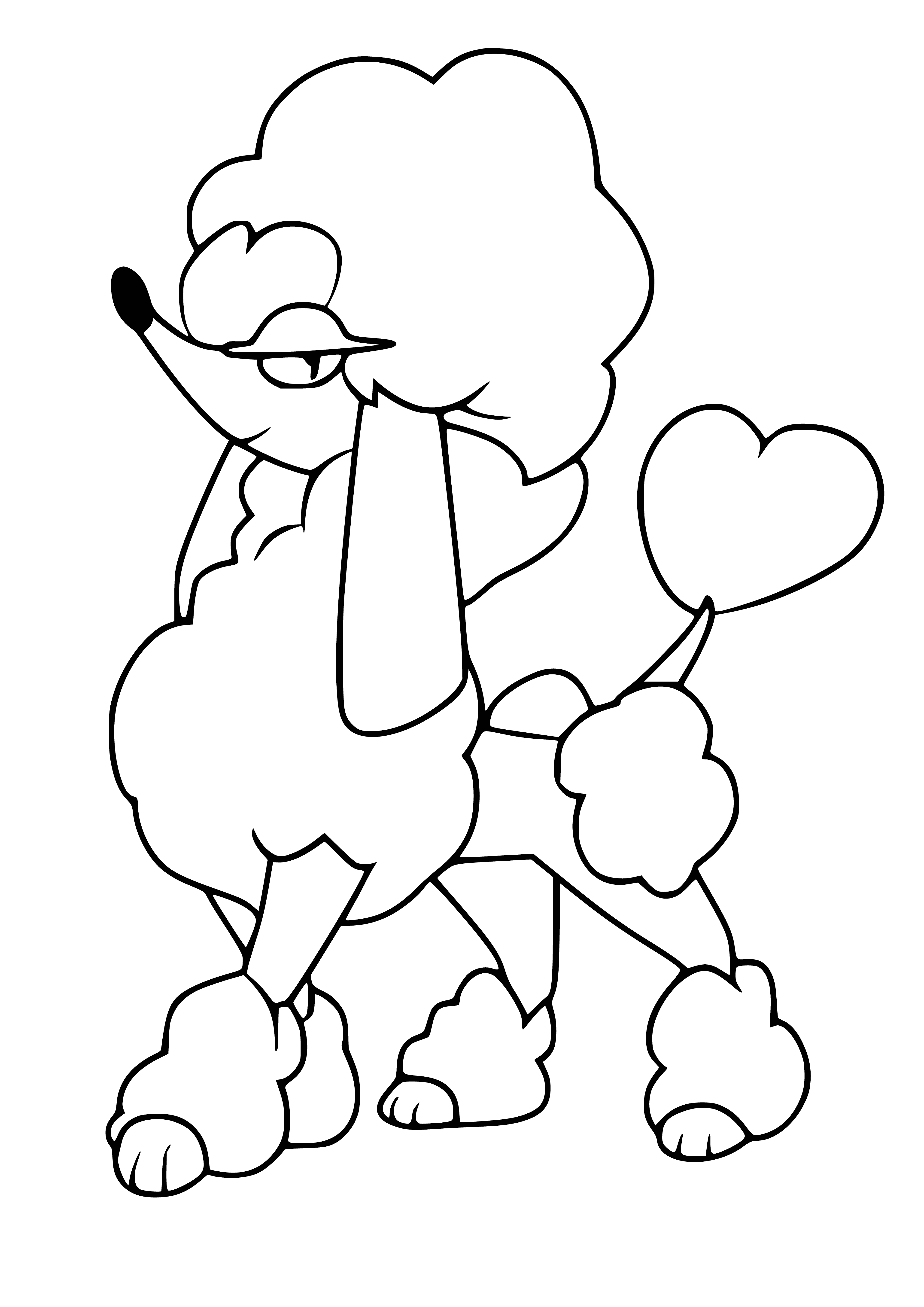 coloring page: Furfrou is a Pokemon with four legs, a long snout & big ears; cream-colored with black markings & a heart-shaped tuft of fur on its head.