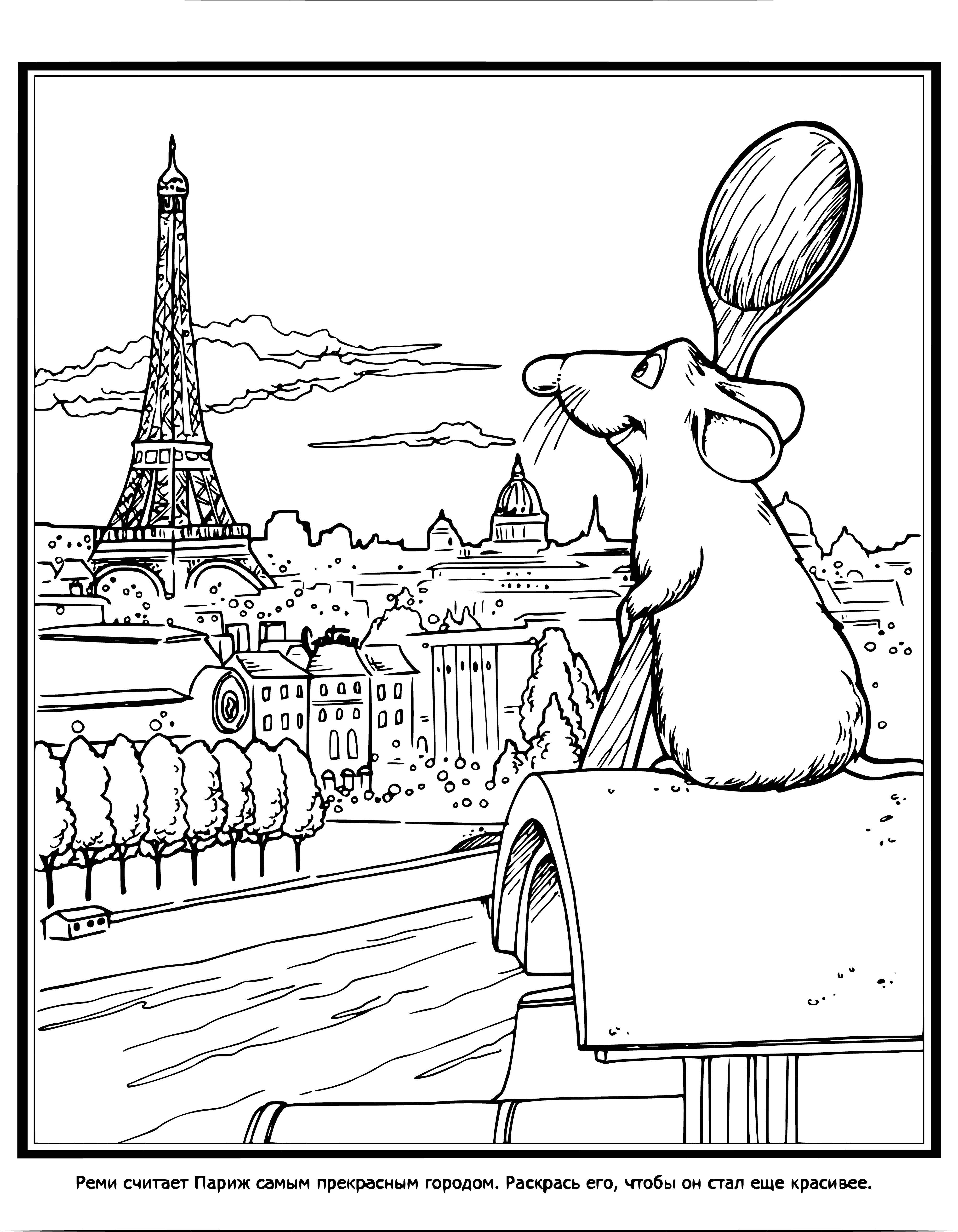 coloring page: Remy's cooking a delicious meal in a Parisian kitchen surrounded by delicious veggies!