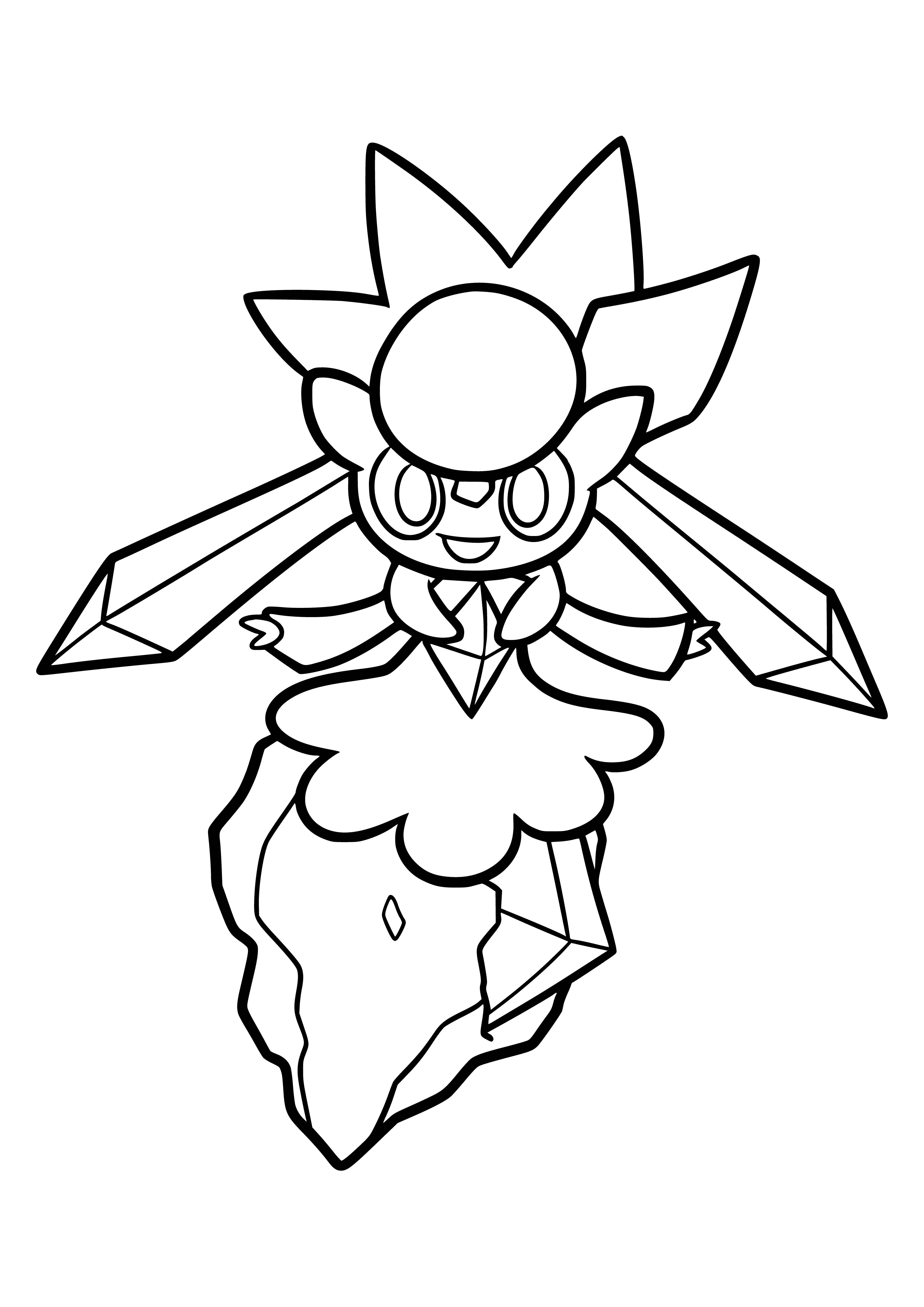 coloring page: Legendary pokemon resembling a pink & white diamond w/ big eyes, small mouth & large jewel. Has four small legs and a long tail.
