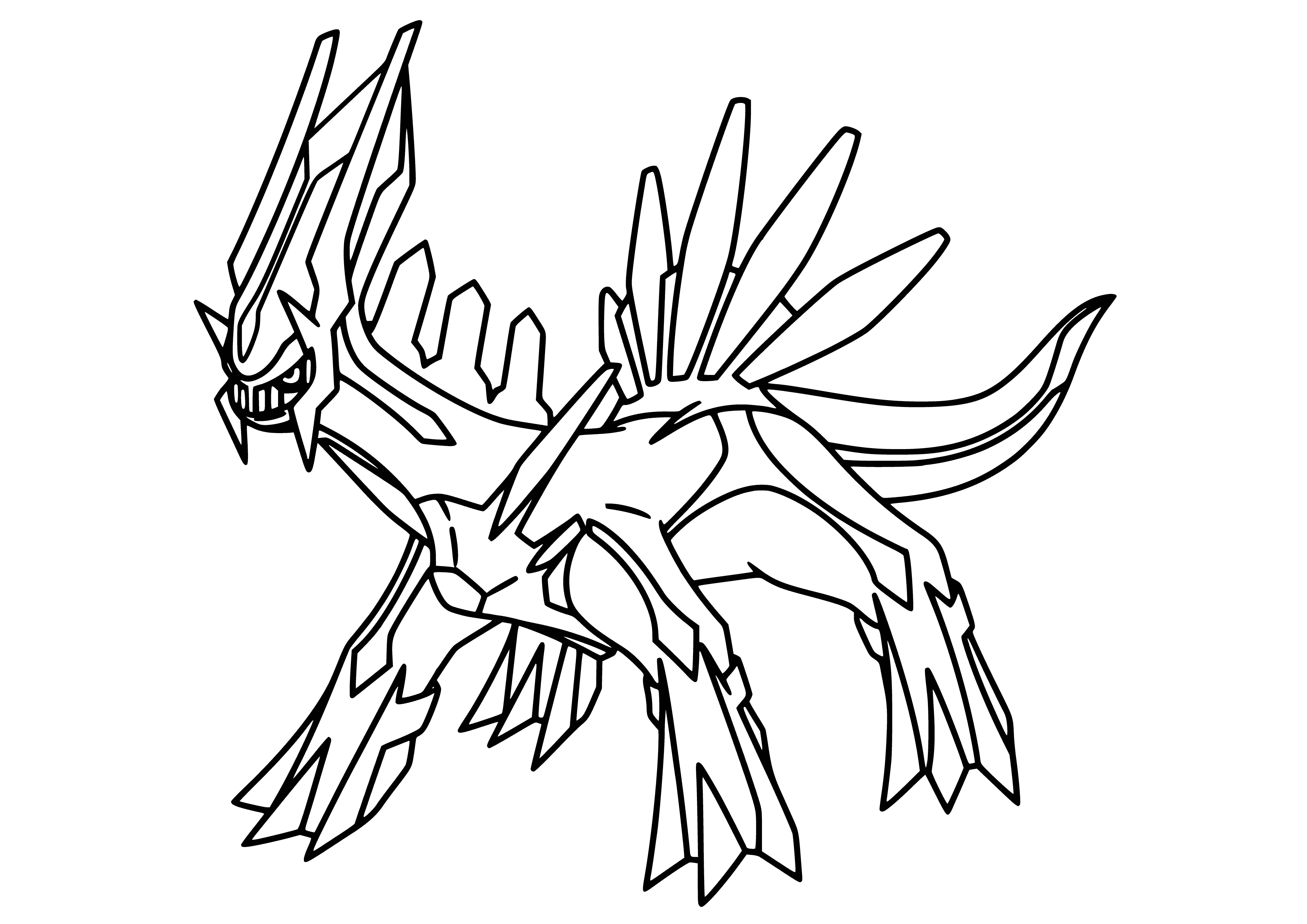 coloring page: Large blue four-legged Pokemon with white underbelly, long neck, triangular head with crystal, red eyes & spikes down back.