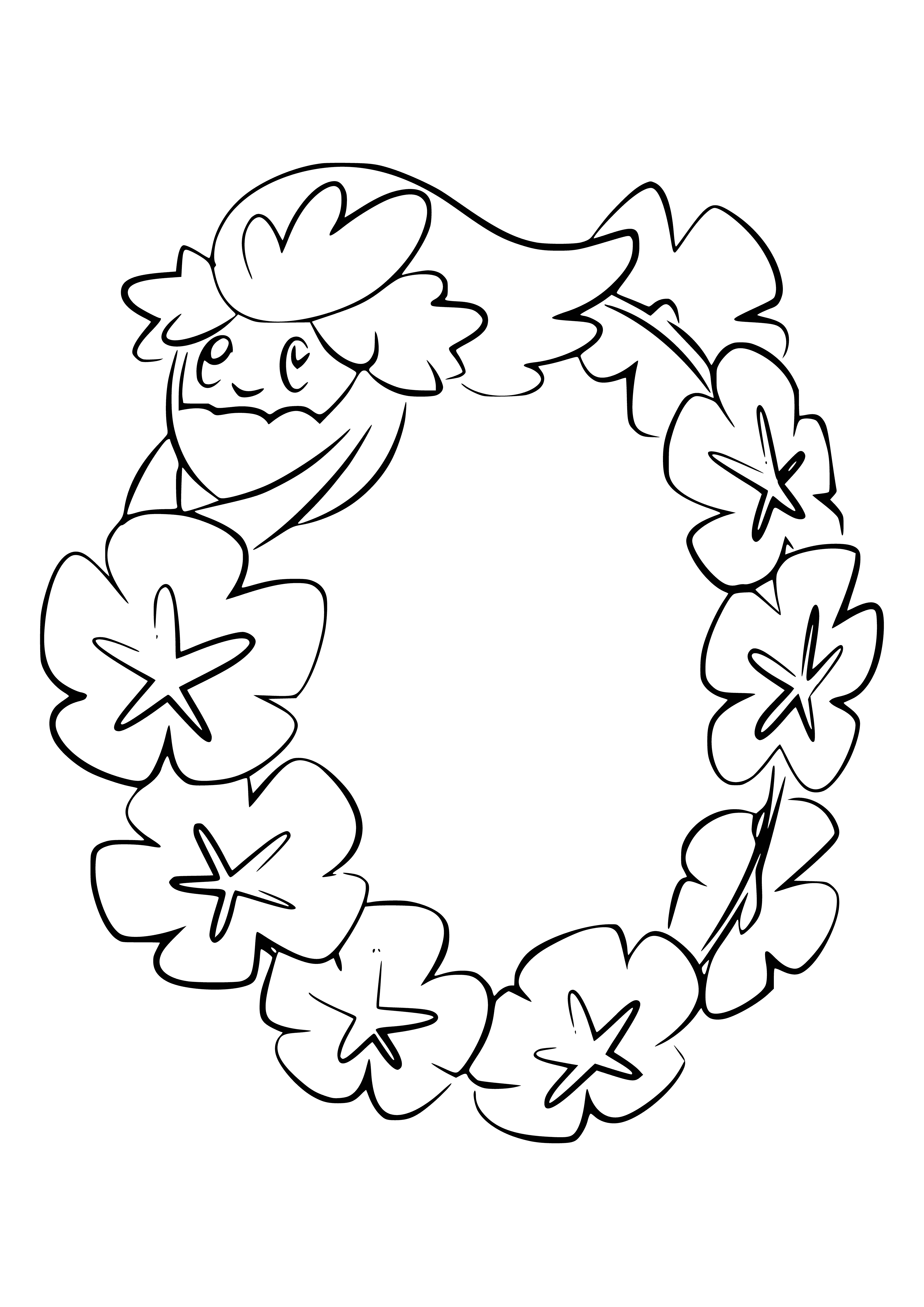 coloring page: Pokemon w/ cream color, red forehead mark, long red tail w/ blue gem, small wings & two red flowers on its head.