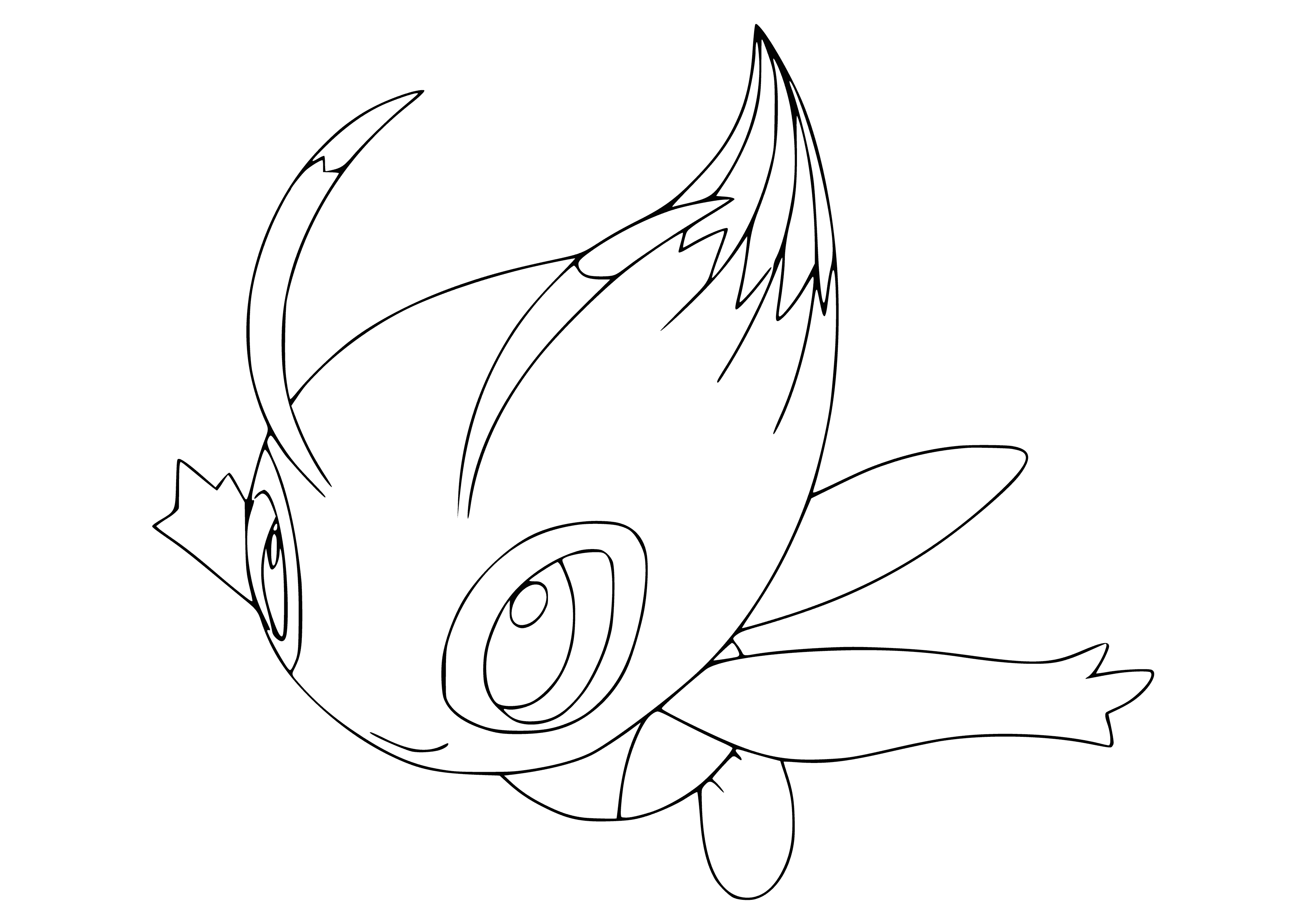 coloring page: Legendary Pokemon Celebi is small, forest-dwelling with blue & green fur; large, pointed ears; big, blue eyes; brown beak & tipped with green tail. Rare & has time-travel ability.