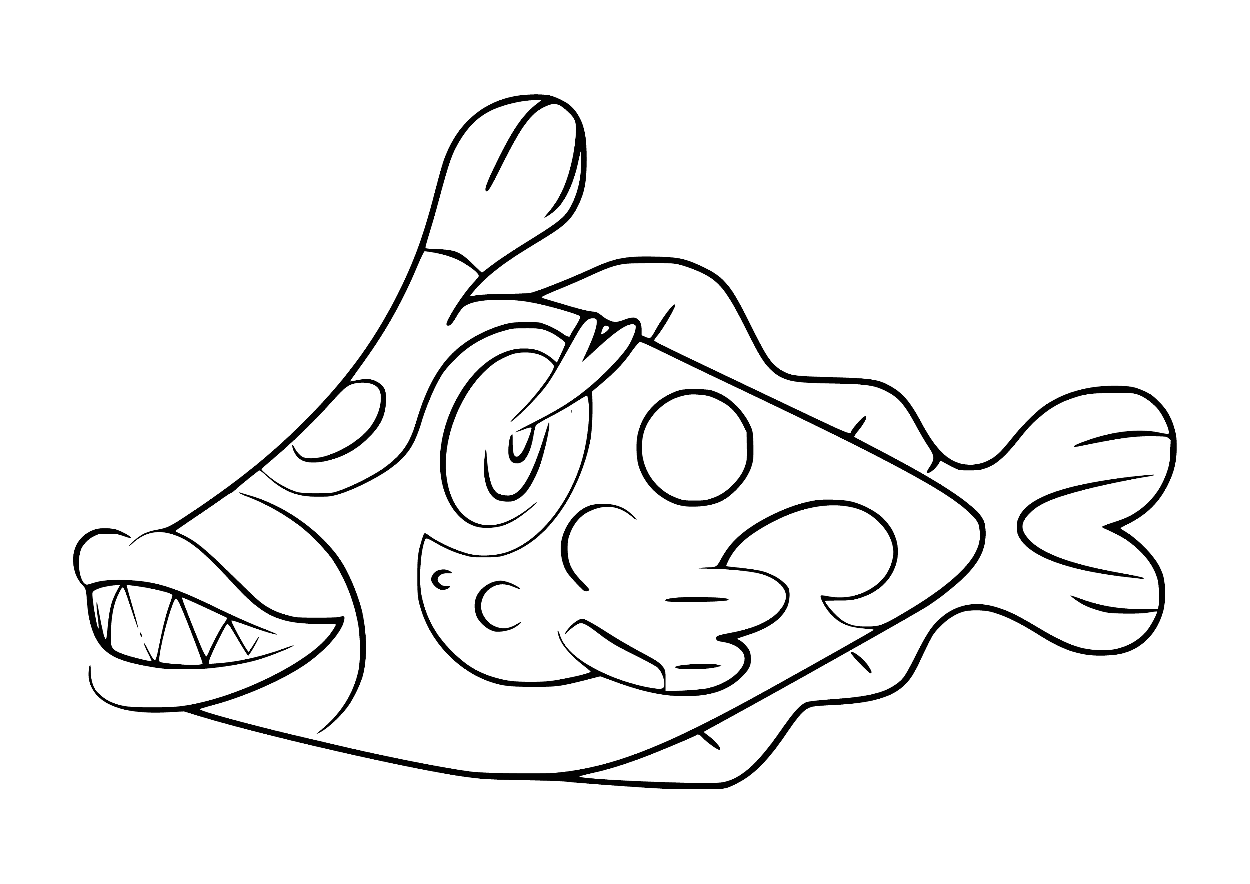 coloring page: Slender, orange-and-white Pokémon with rounded head, blue-pupiled eyes, two long fins plus shorter one on belly, fan-like orange tail.