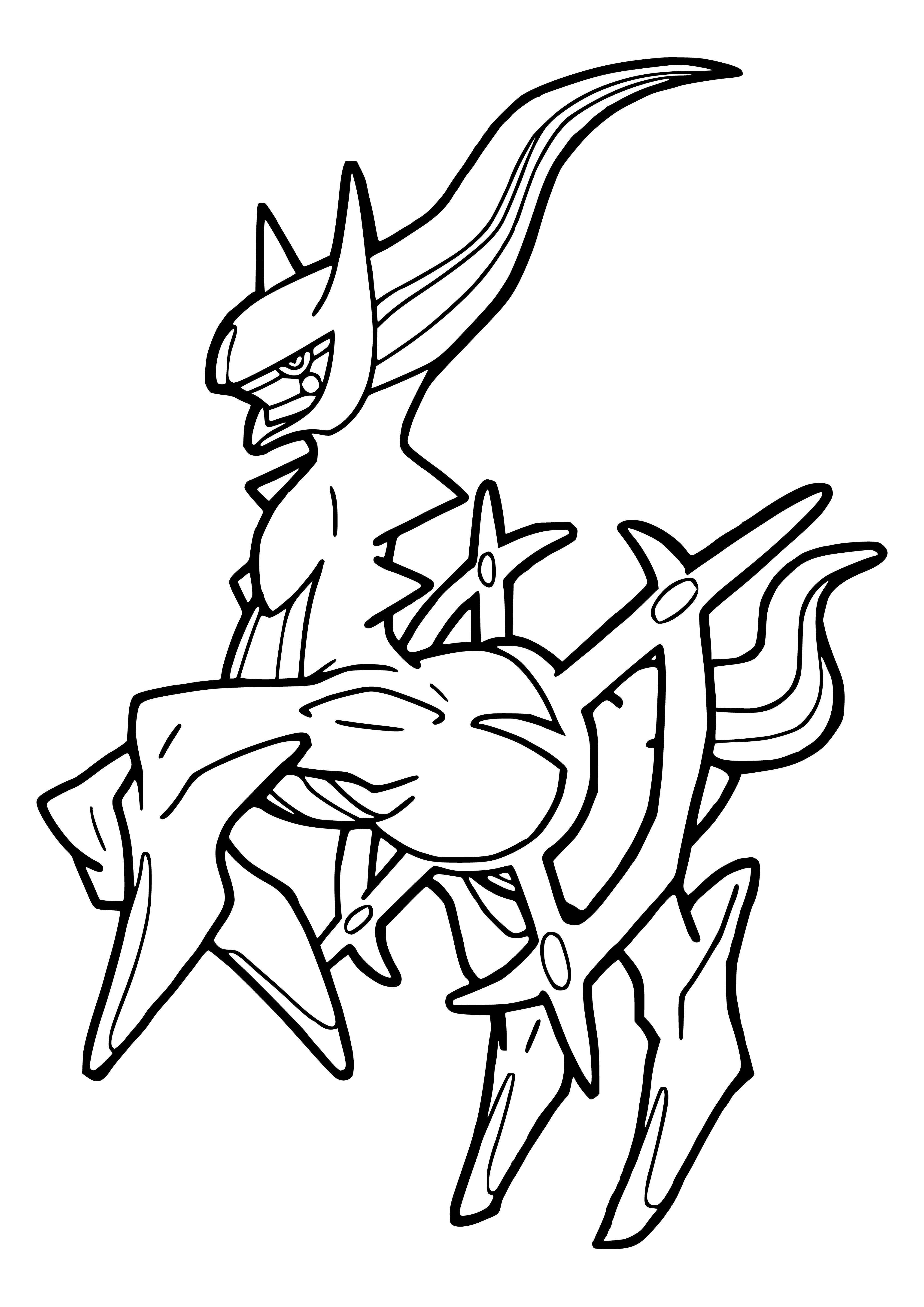 coloring page: Legendary Pokémon Arceus has white body with pink mane, four wings, horn, tuft & blaze, plus two jeweled bracelets.