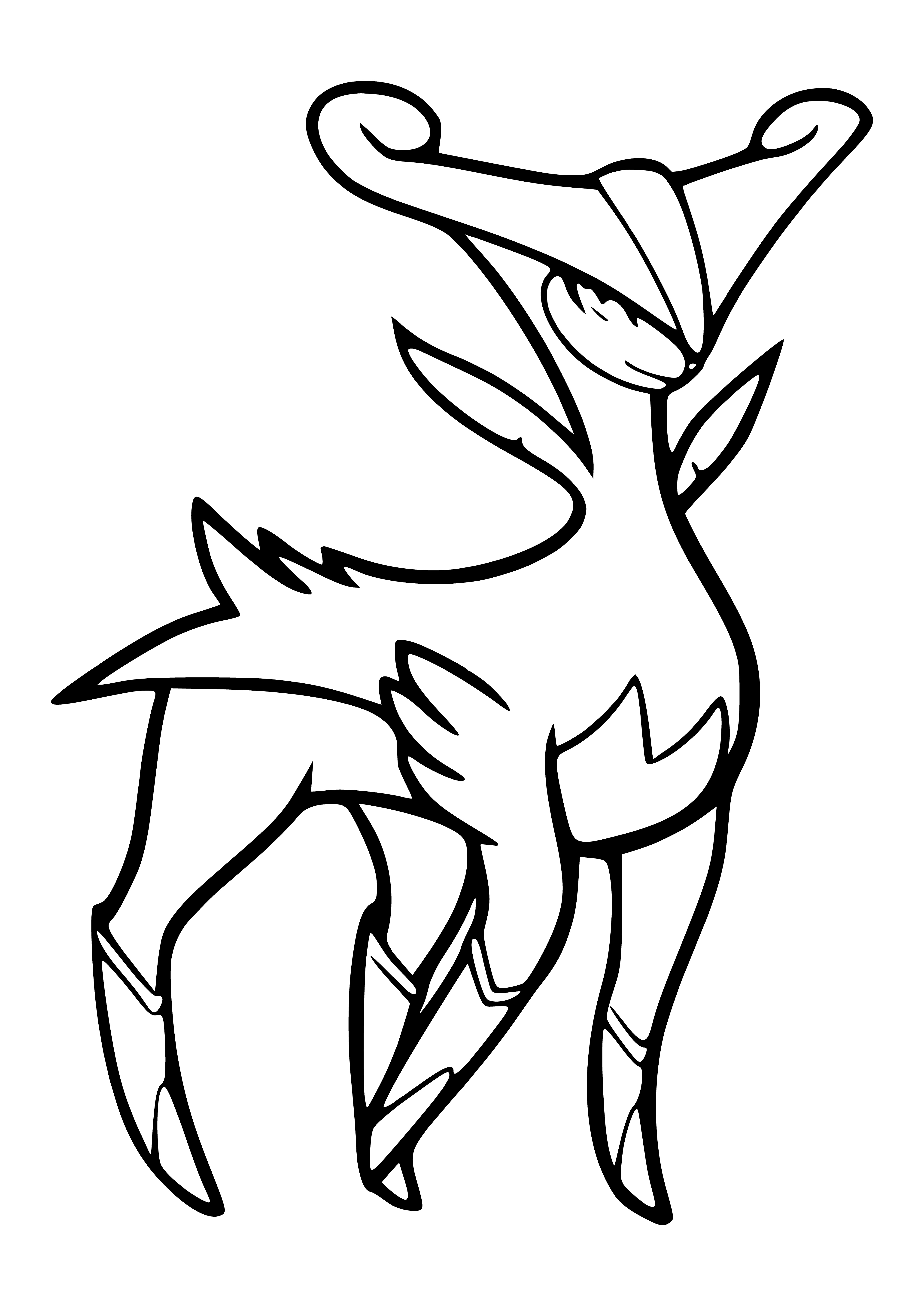 coloring page: Legendary Pokémon Virizion is green & white, has long neck/small head, wings, two horns & white-tipped tail.