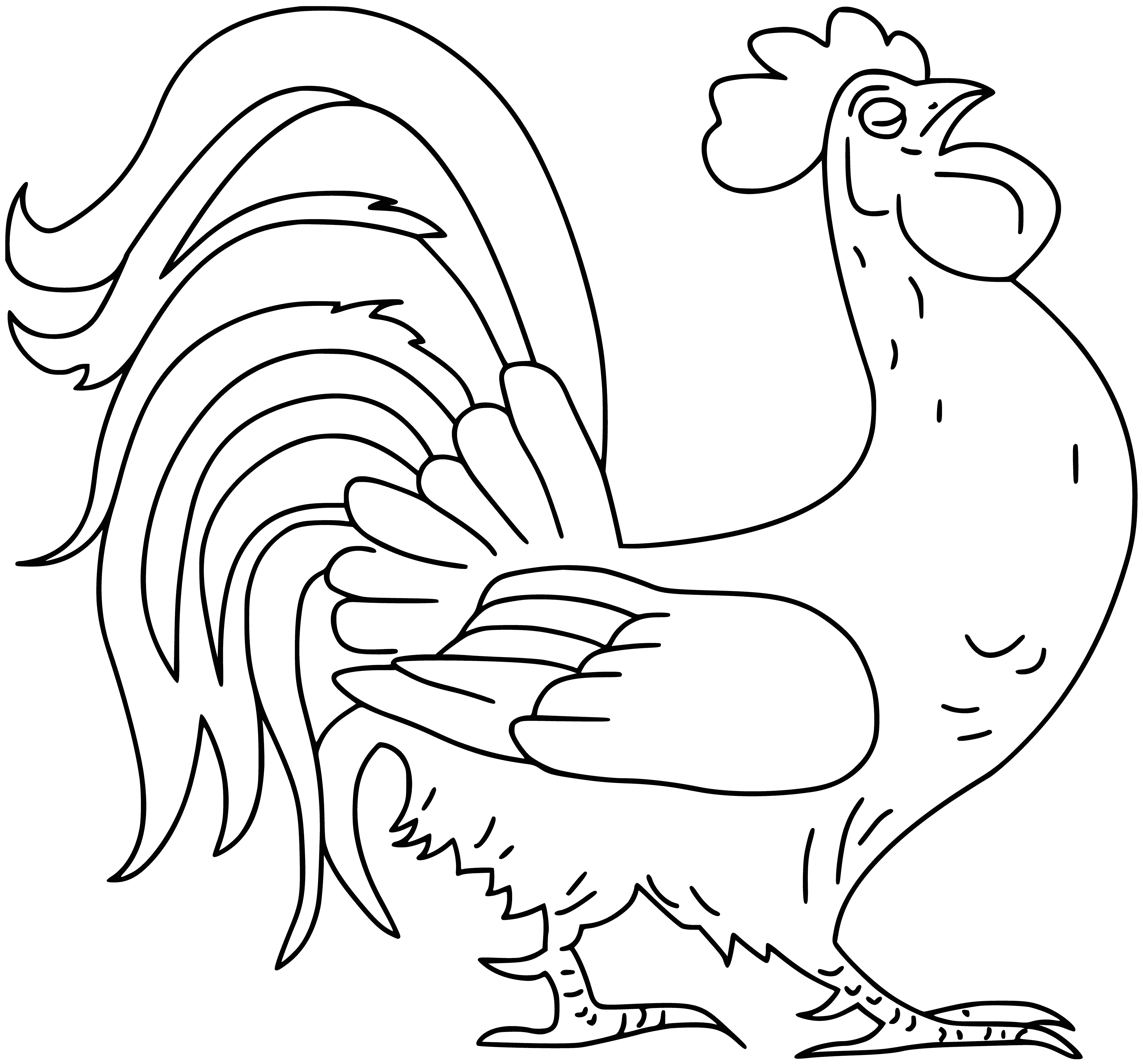 coloring page: A proud rooster stands atop a fence, head held high and tail feathers spread out. #coloringpage