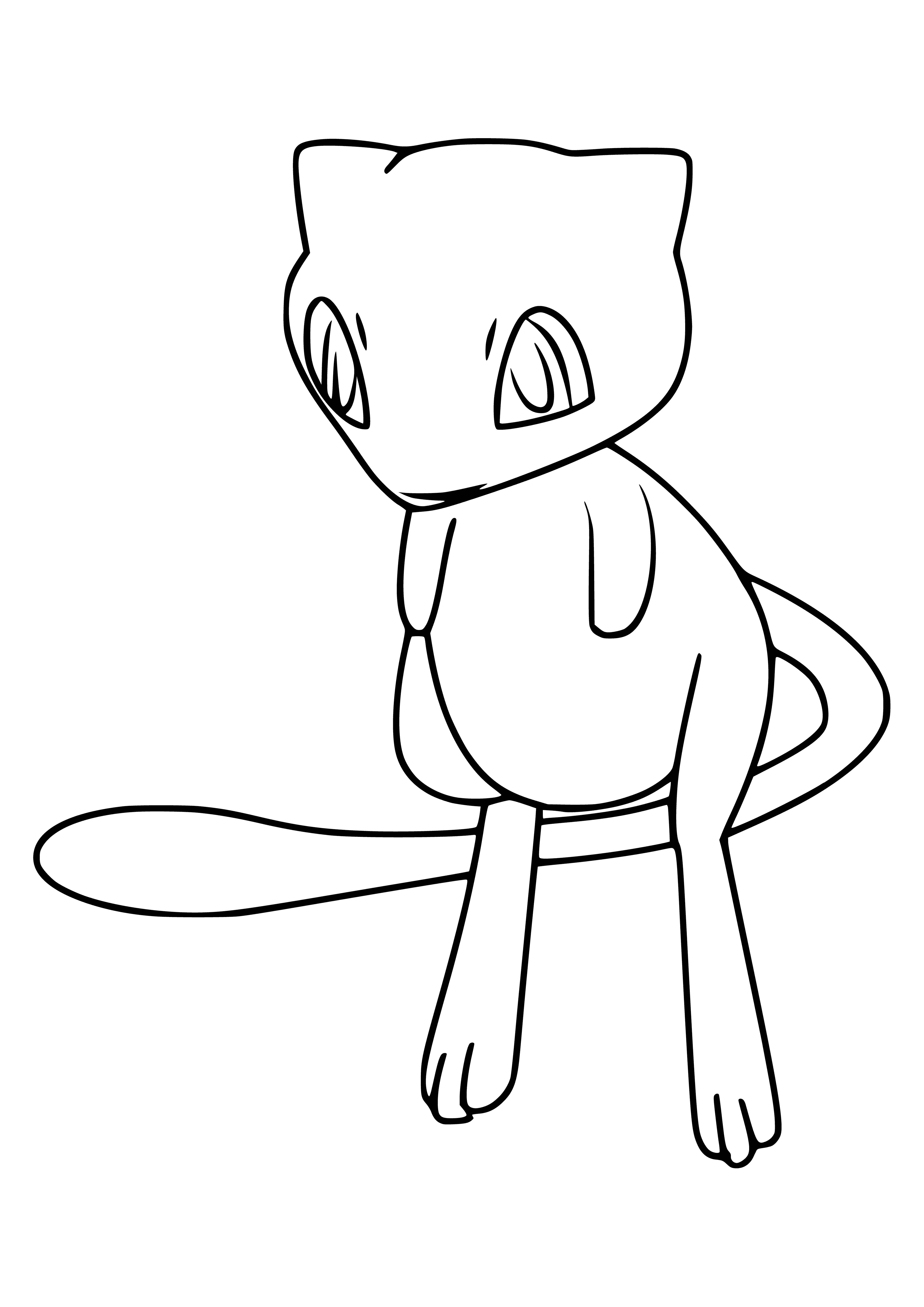 coloring page: Mystical pink cat Pokémon with blue eyes, pointy ears, long tail, and four black-pawed legs. #Mew