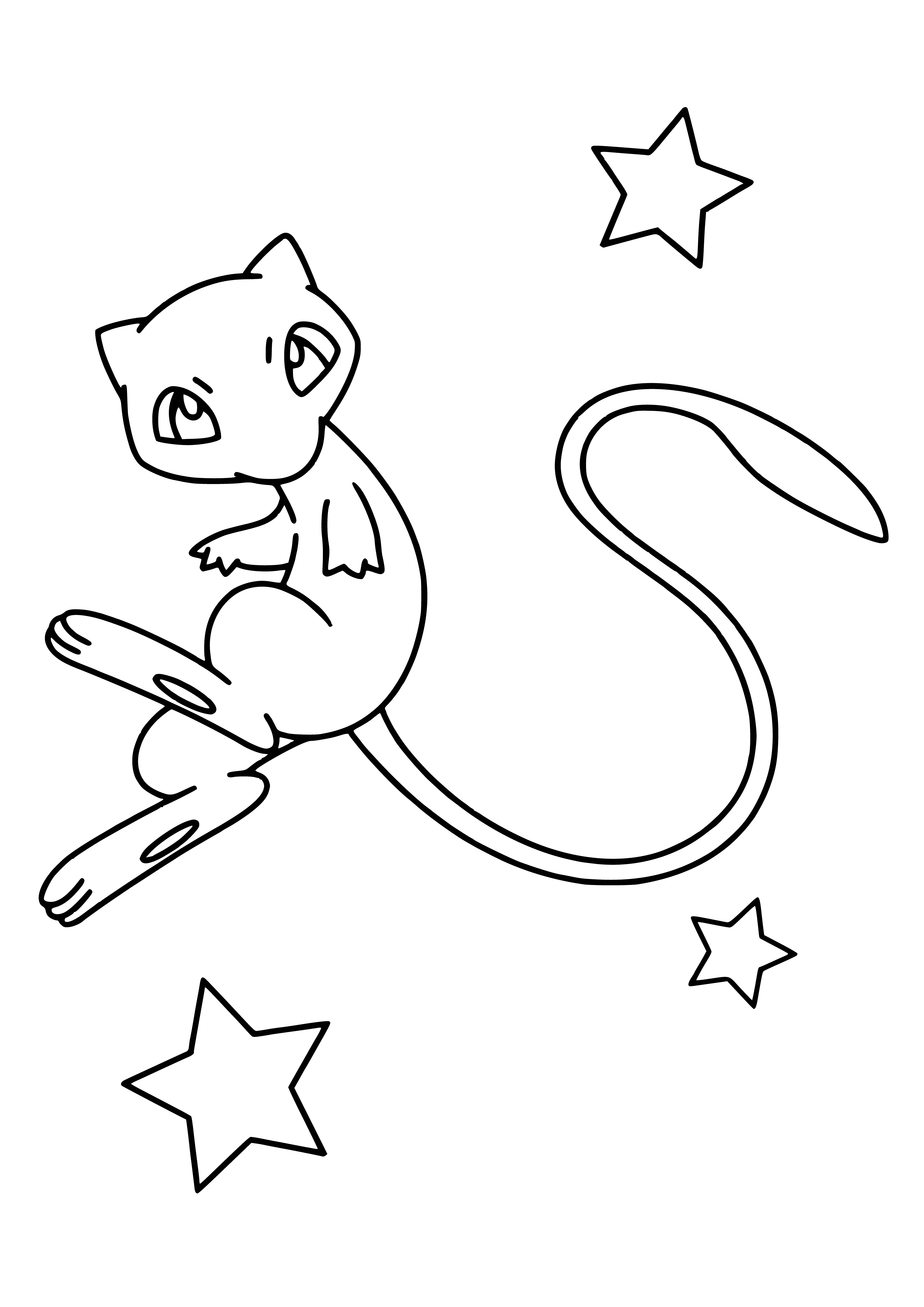 coloring page: Small, pink, cat-like Pokemon Mew has blue eyes and a long tail, giving it a cute, innocent appearance.