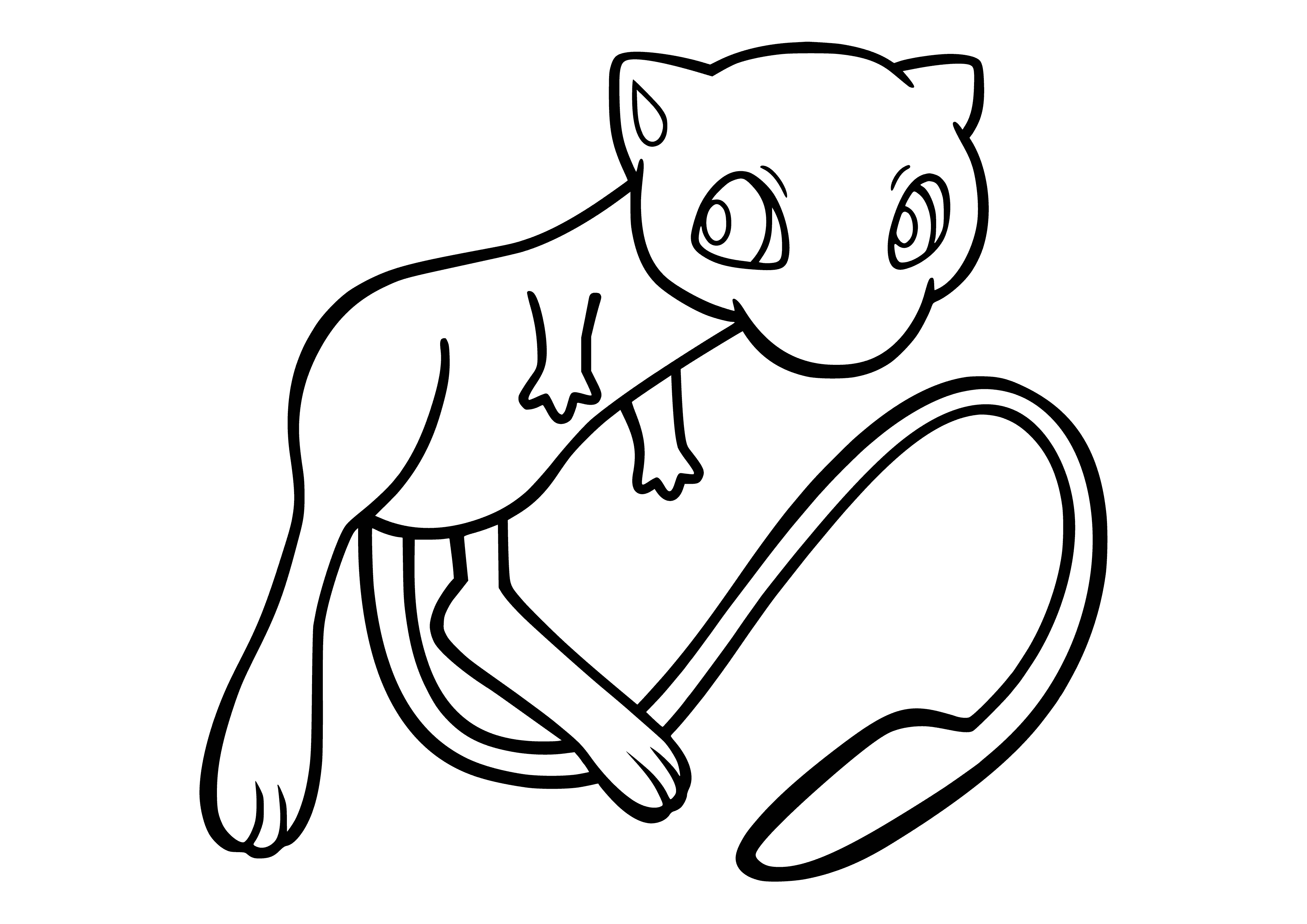 coloring page: Small pink cat-like creature w/ blue eyes, pointy tail & triangle ears in a coloring page.