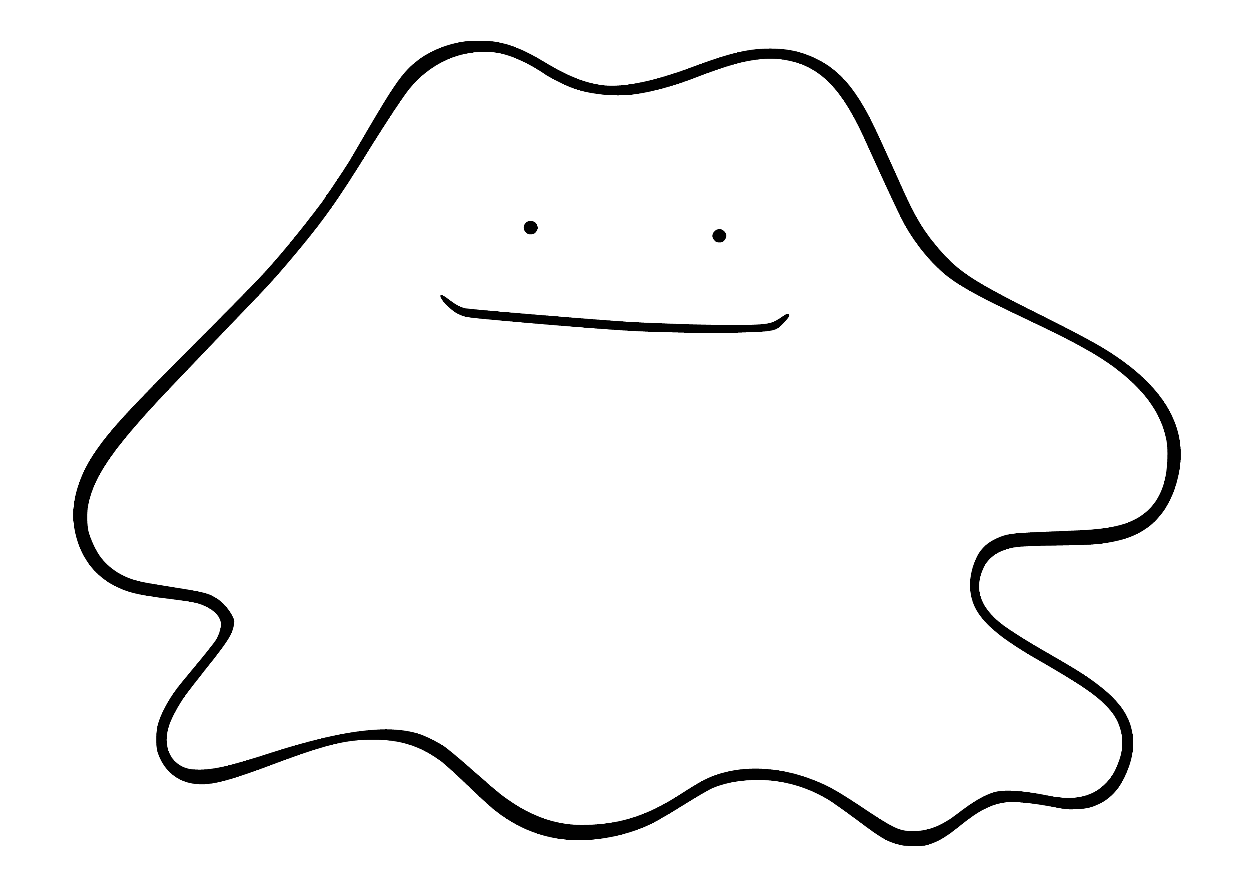 coloring page: Ditto is a friendly, pink, rubbery Pokemon with shape-shifting abilities. It often uses them to avoid attack.