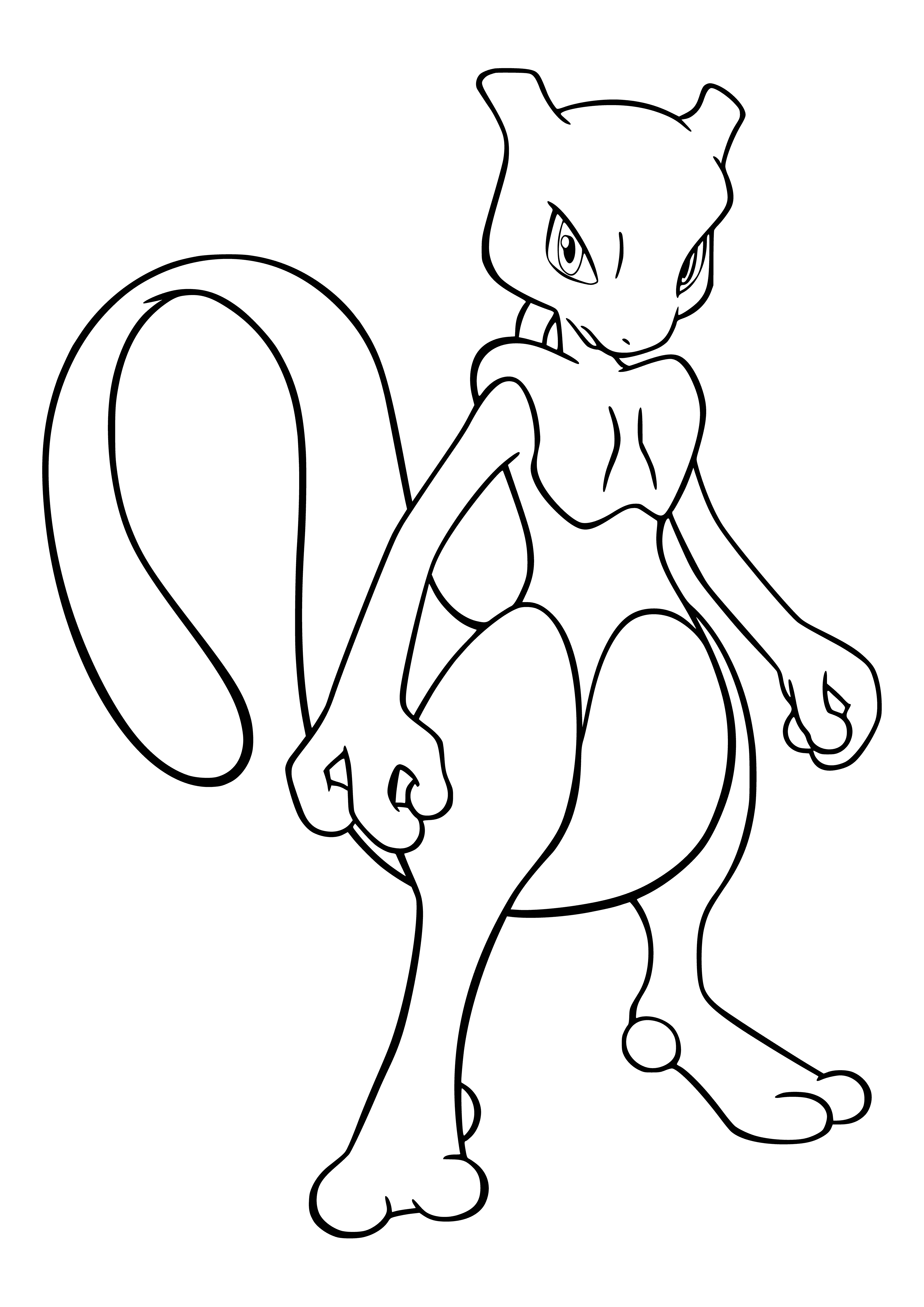 coloring page: Mewtwo: Large Pokemon w/ blue fur & crimson eyes, pointed ears, crest, long legs, thin tail, and 3-fingered hands.
