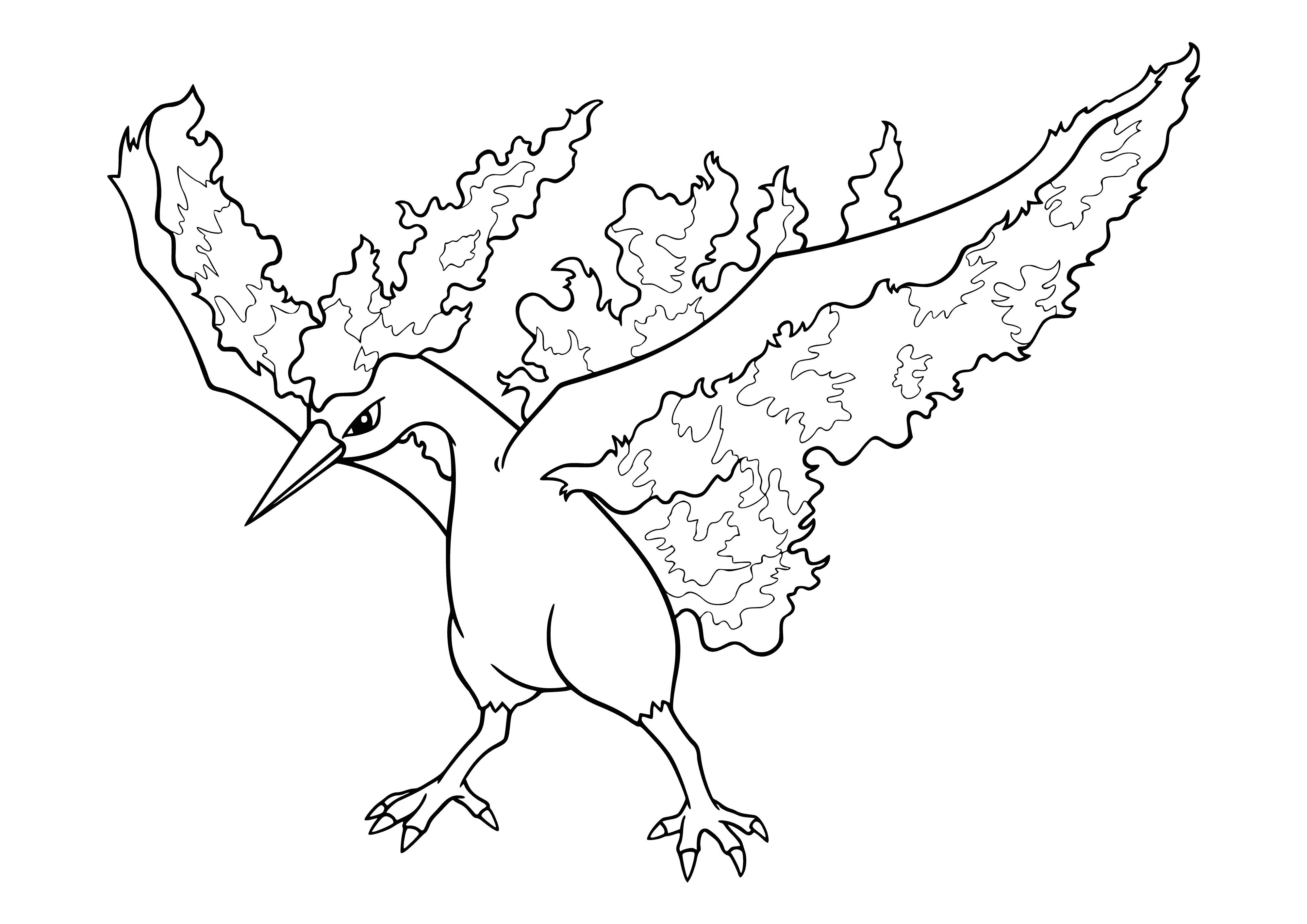 coloring page: Legendary fire-type Pokémon with a massive wingspan & luminous orange body; spews fire from its beak & talons.