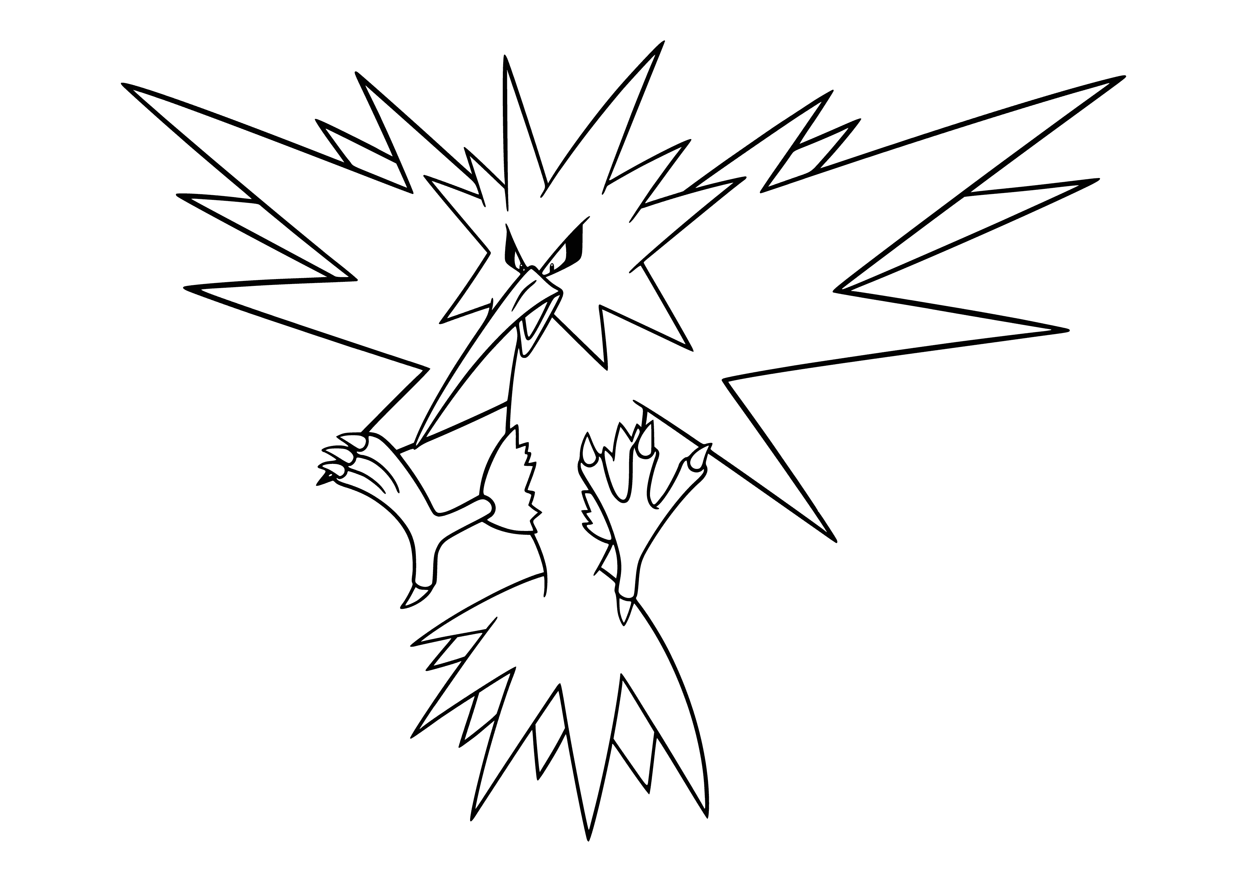 coloring page: Yellow-feathered, long-beaked pokemon with spiky wings & red eyes, three talons on each foot, and long, forked tail.