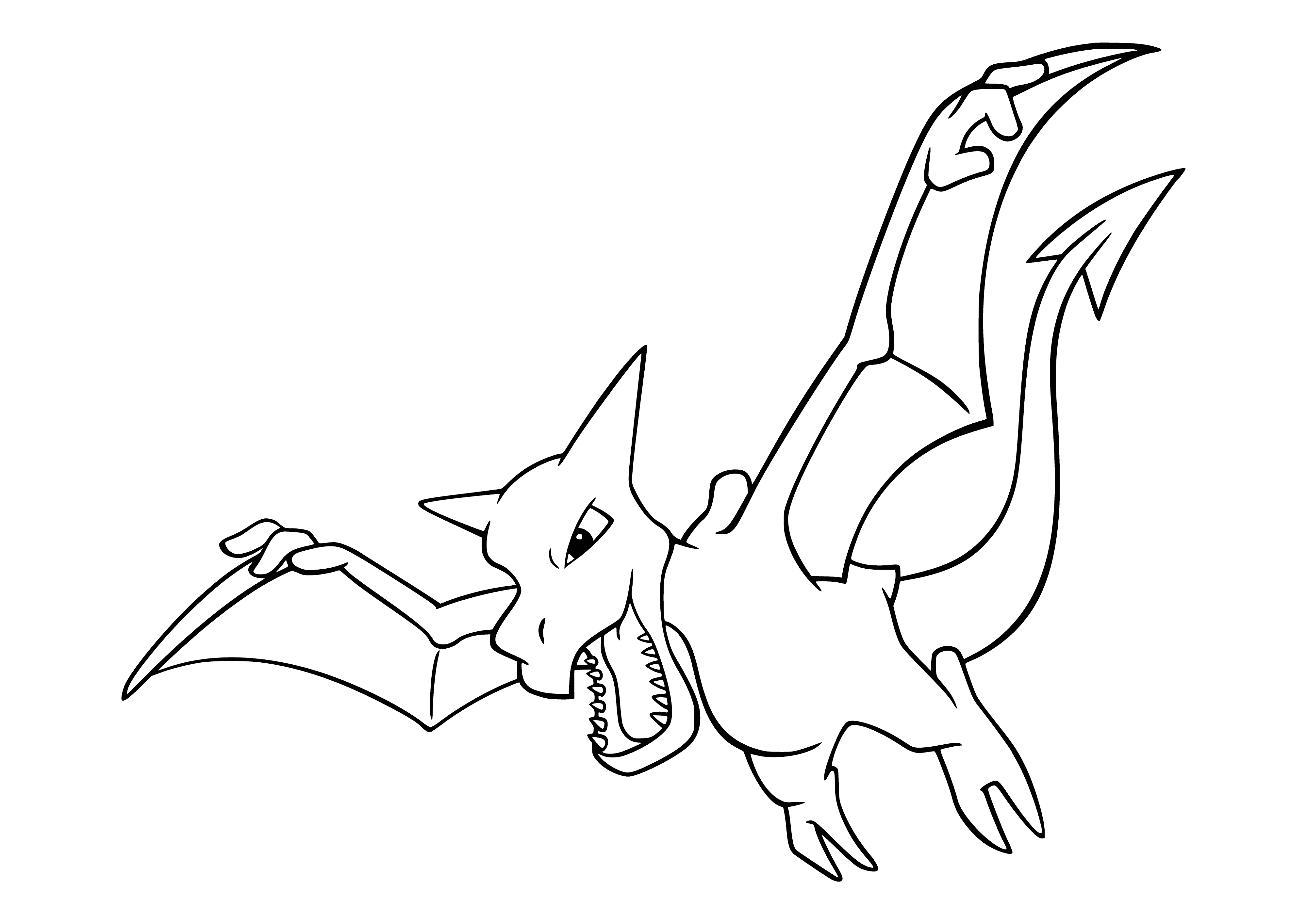 coloring page: Aerodactyl is a large, blue and brown Pokemon. Long thin tail and wings, large red crest and yellow eyes.