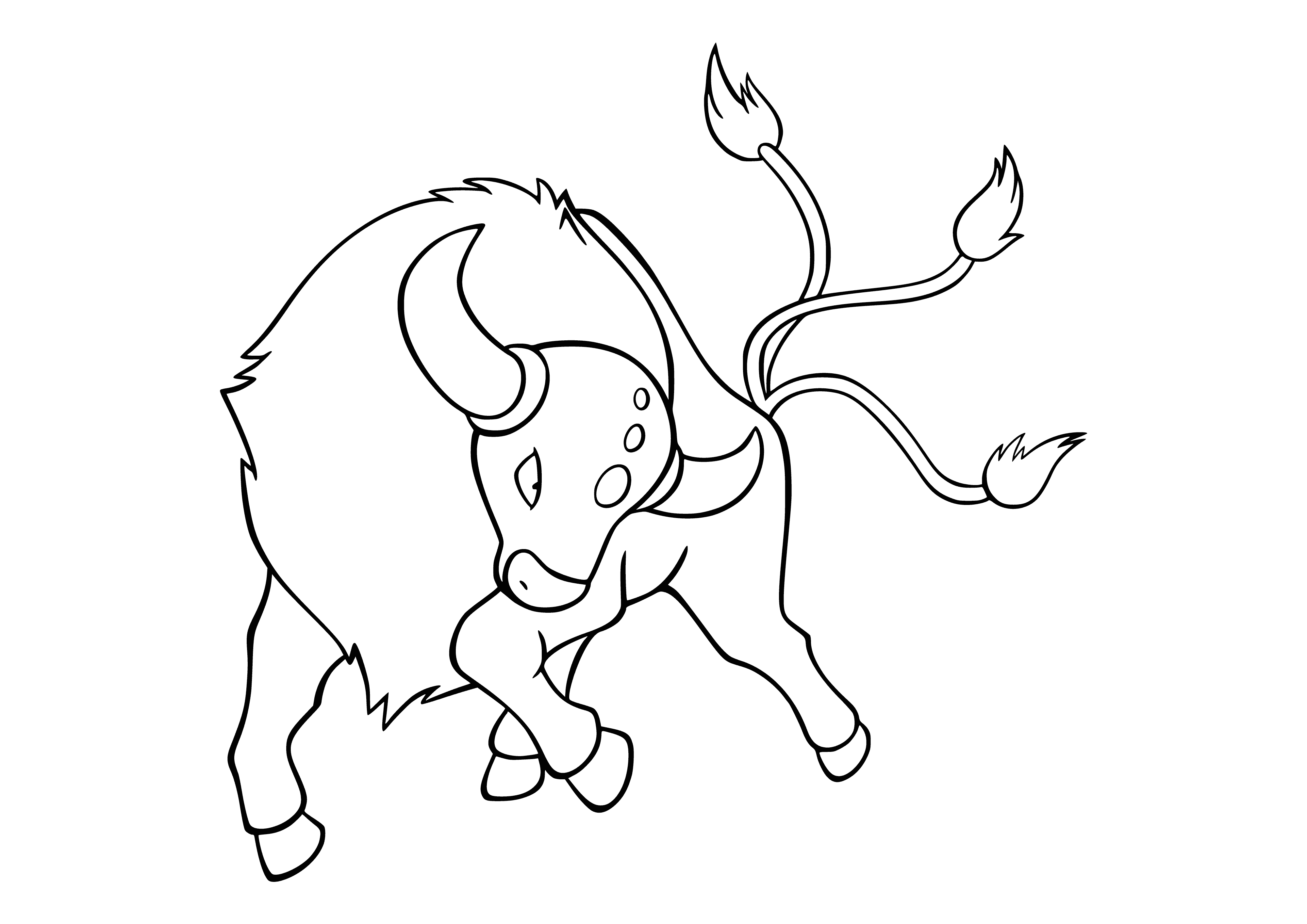 coloring page: Adorable cow-like Pokémon coloring page is brown w/ light underside, short snout & tail, red eyes, and two horns. Has a brown patch on its back.