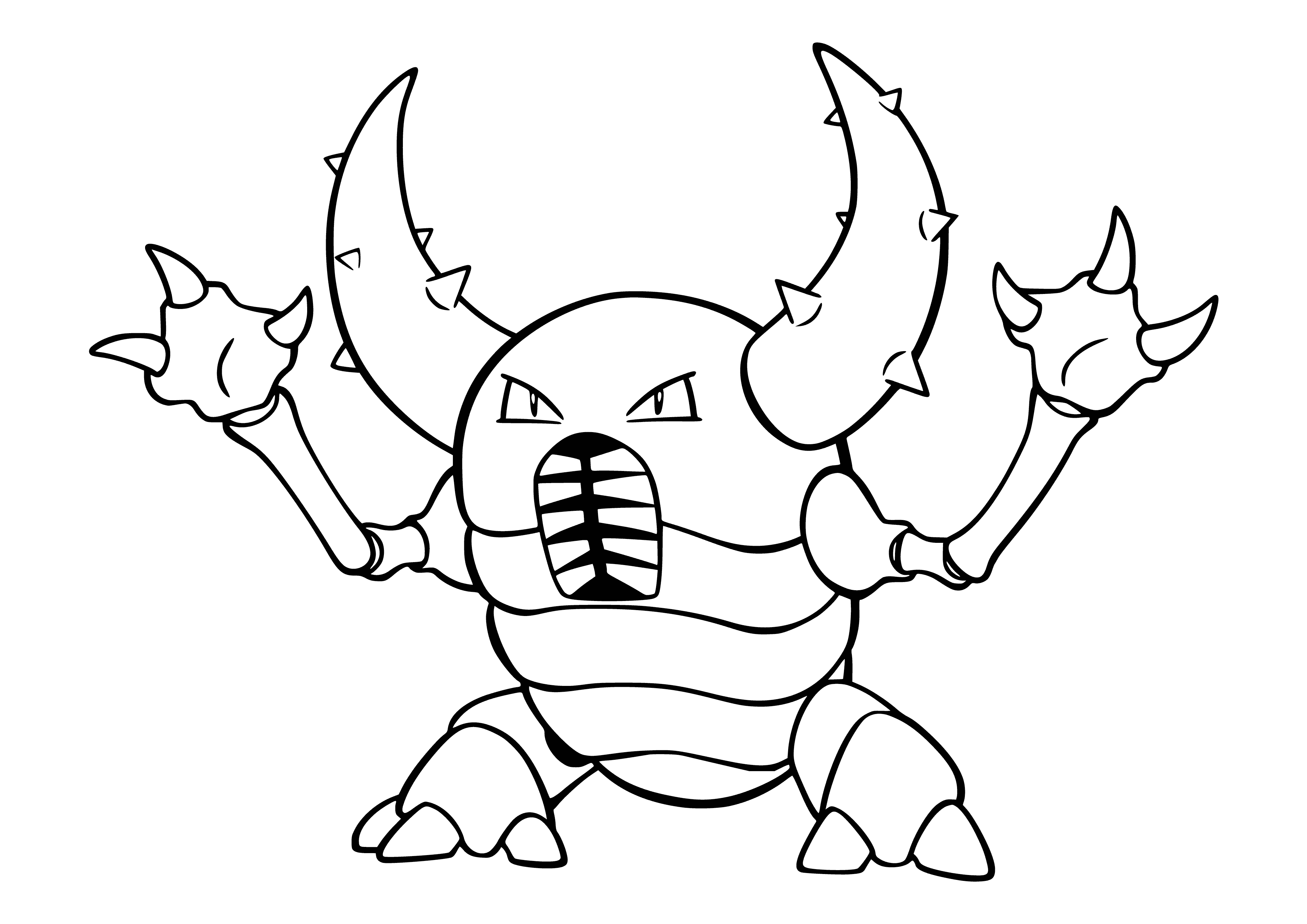 coloring page: Pokemon Pinsir is a large brown beetle-like Pokemon with 2 large pincers, 2 wings, red eyes, & a small black mouth.