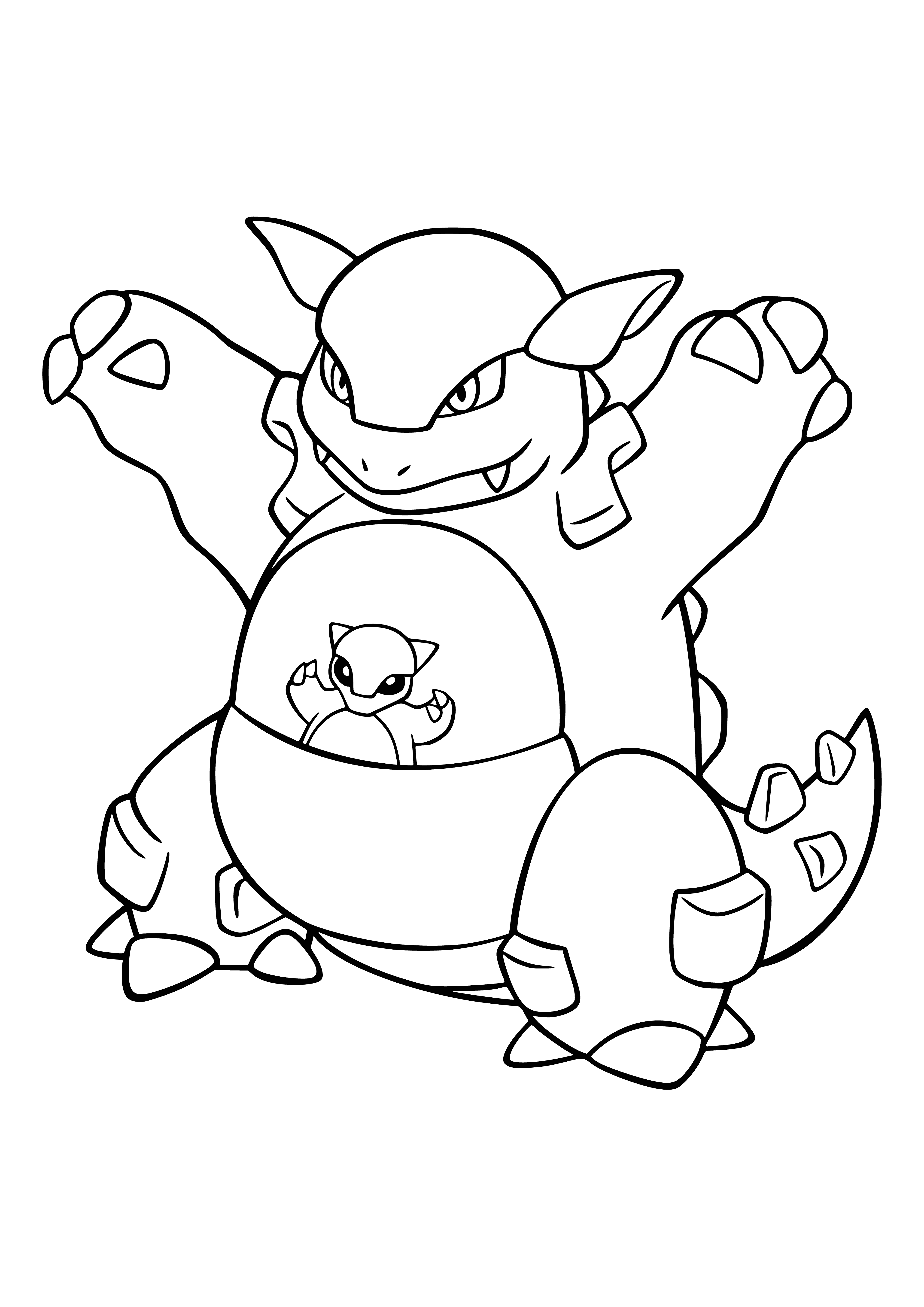 coloring page: Large, bipedal Pokémon w/ tan fur & pouch on belly, small eyes & round mouth, stubby arms & 3 clawed fingers. Carries young in pouch.