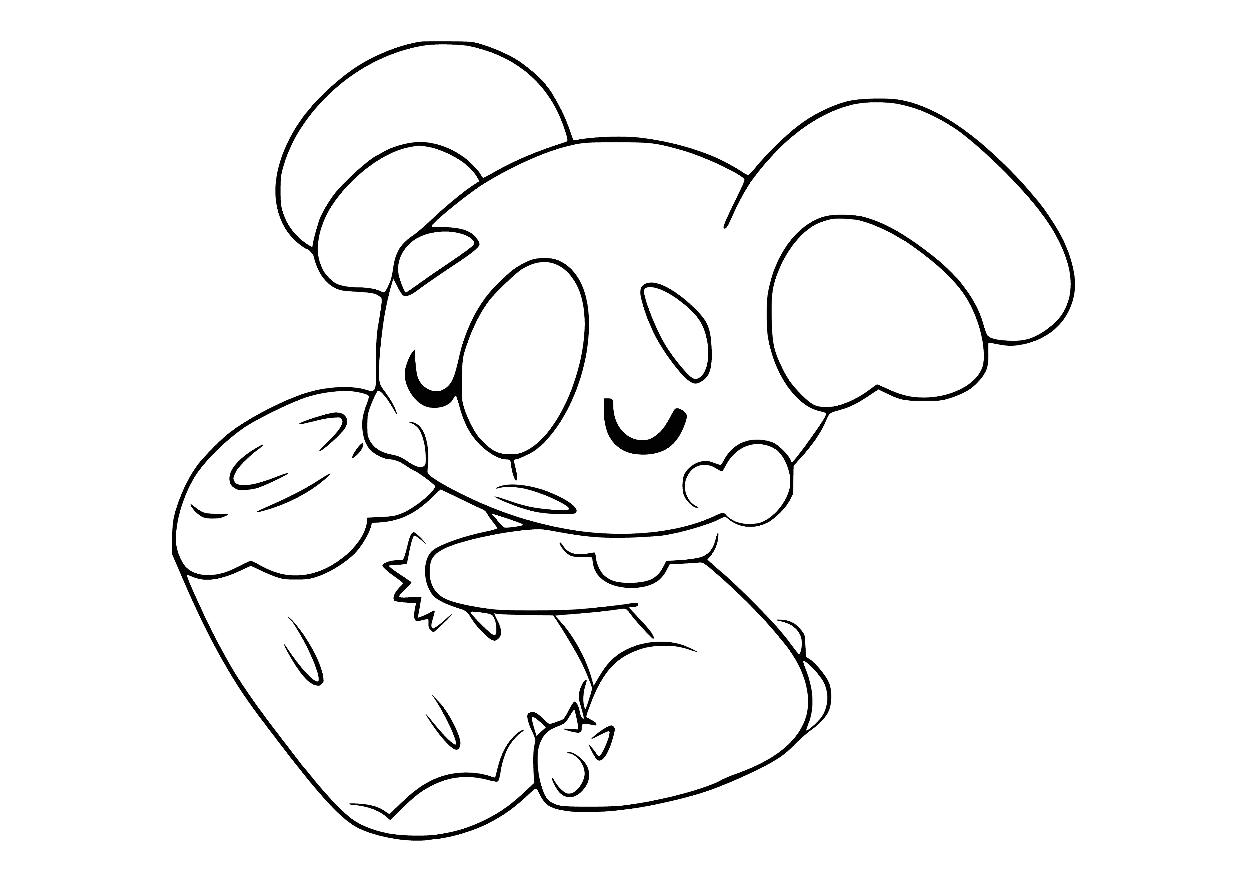 coloring page: Komala is a small, humanoid Pokémon with beige, black & red features, plus a large black tail shaped like a log. It's always asleep with blue circles over its eyes.
