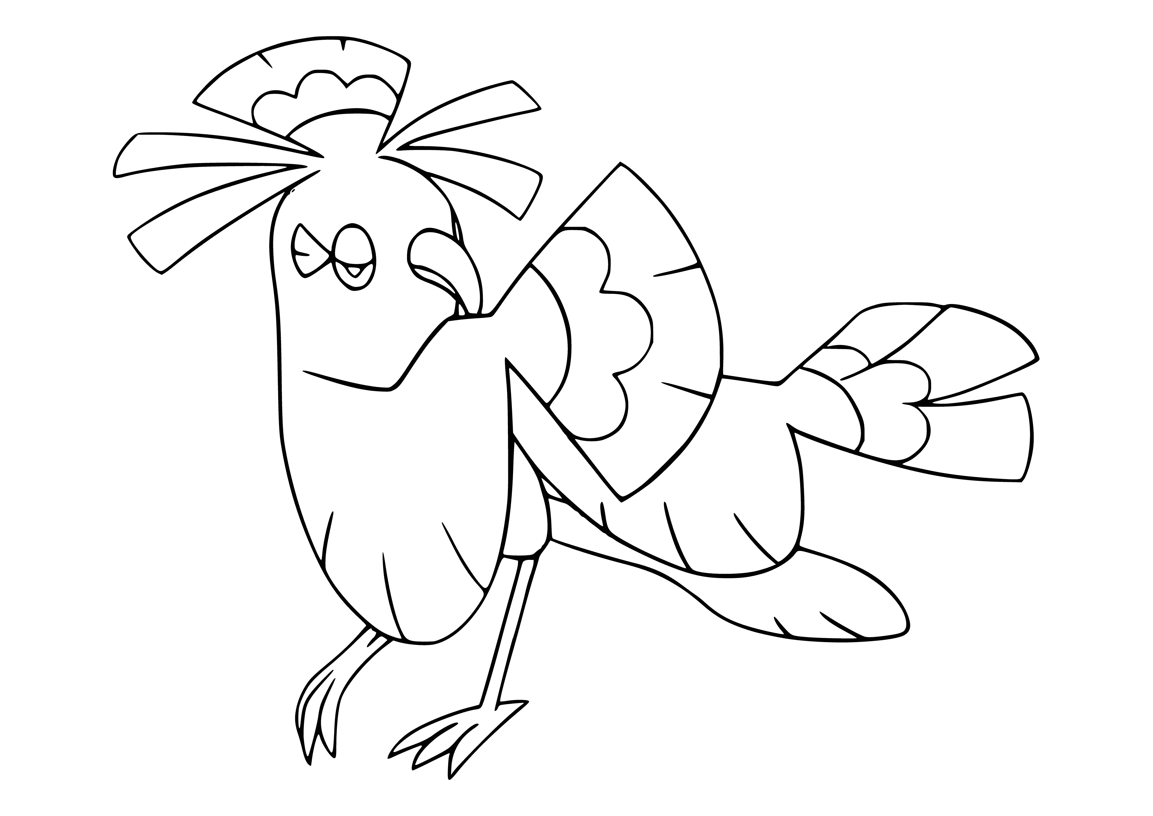coloring page: Fiery figure, slender body, wide wings, colorful scales, burning tail feathers floats in midair.