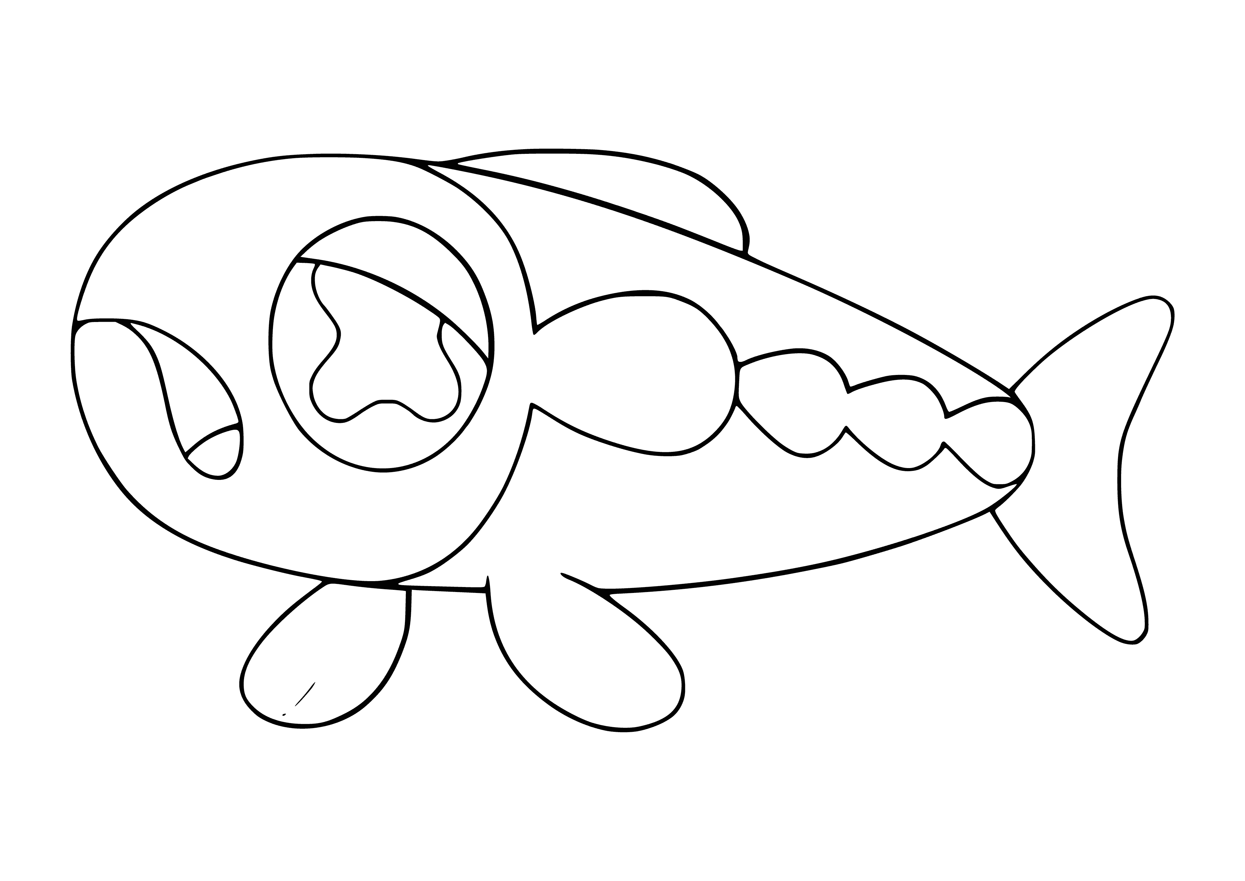 coloring page: Small, blue fish-like Pokemon with large tail fin, beady eyes & 2 small head fins.