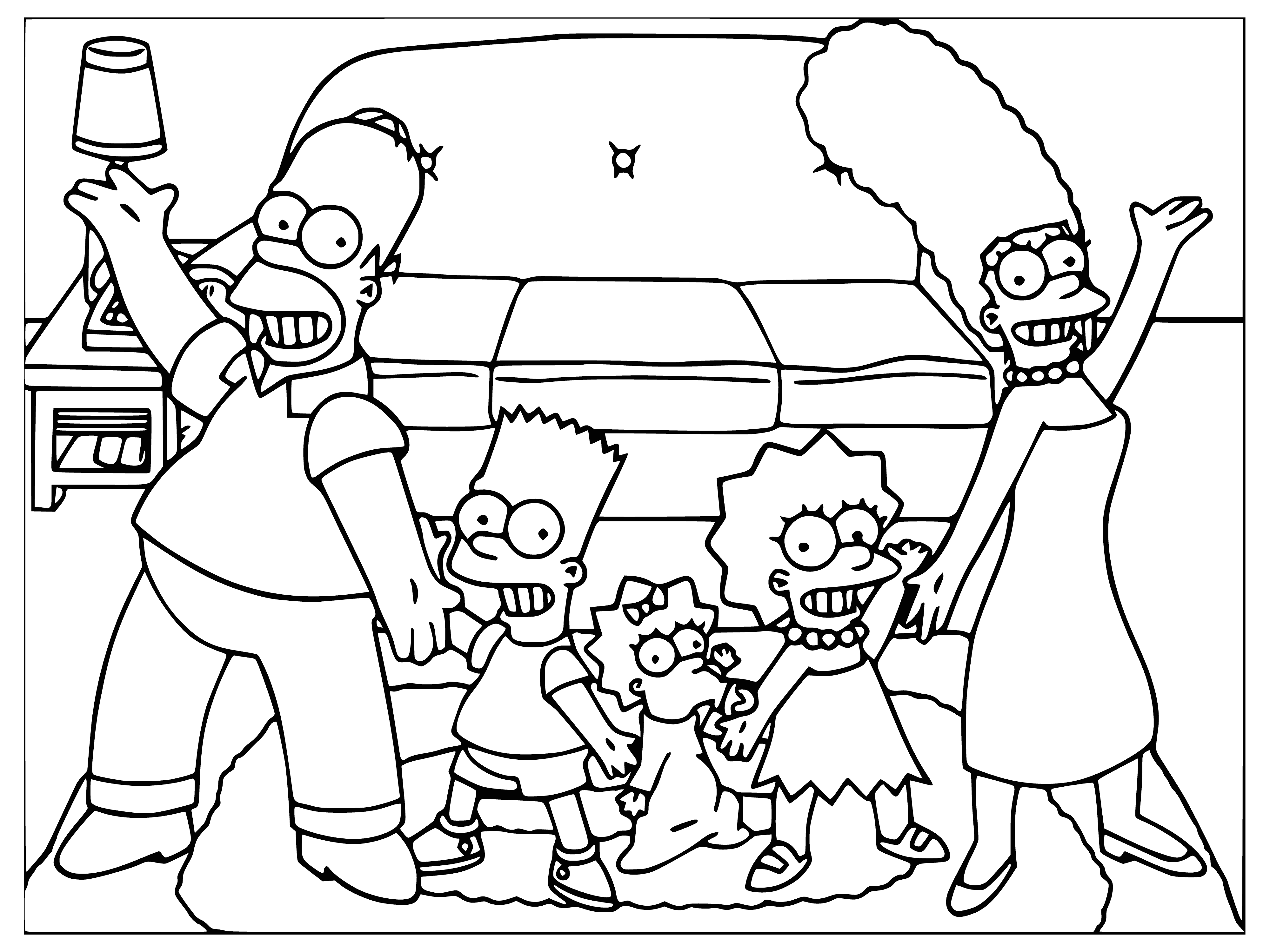 coloring page: The Simpsons is an iconic nuclear family of 5 with Homer as a working dad, Marge as mom, Bart the troublemaker, Lisa the straight-A student & Maggie the baby. #TVFamilies