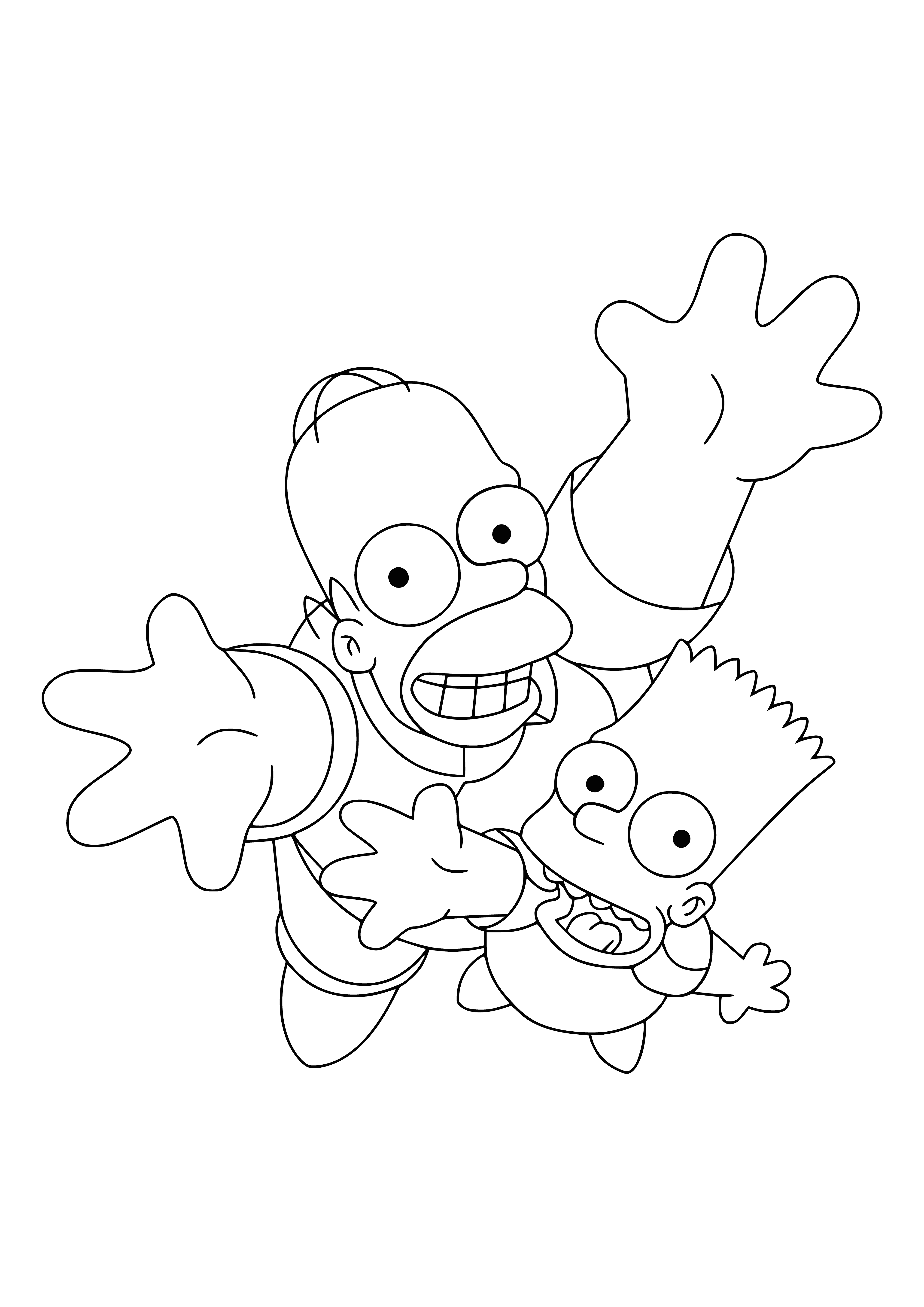 coloring page: Father & son Homer & Bart Simpson smile, Homer holds beer & Bart holds skateboard.