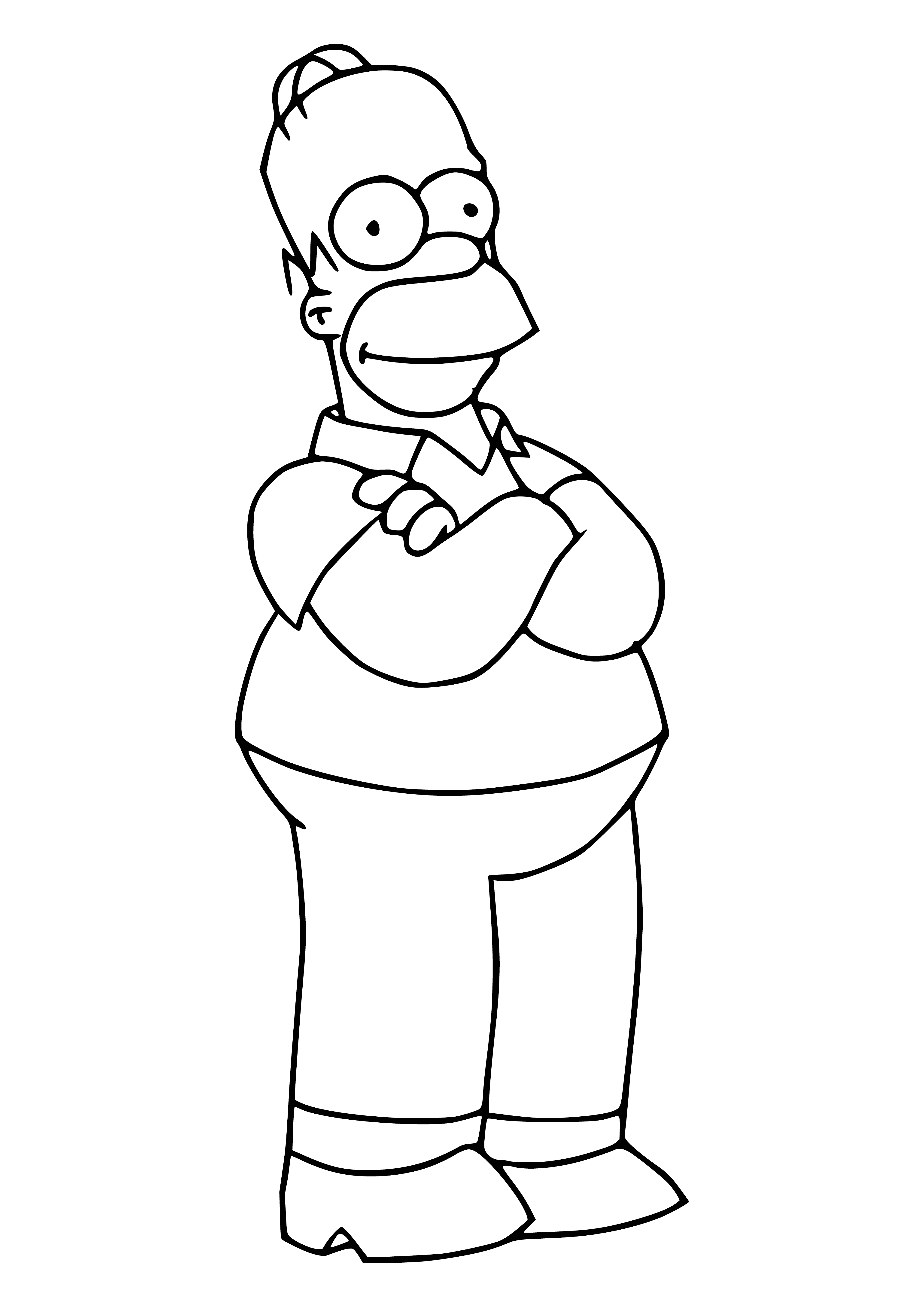 coloring page: Man with yellow skin, bald head, no eyebrows wearing blue shirt & pants, big belly and arms crossed. Big mouth & eyes looking to side. #coloringpage