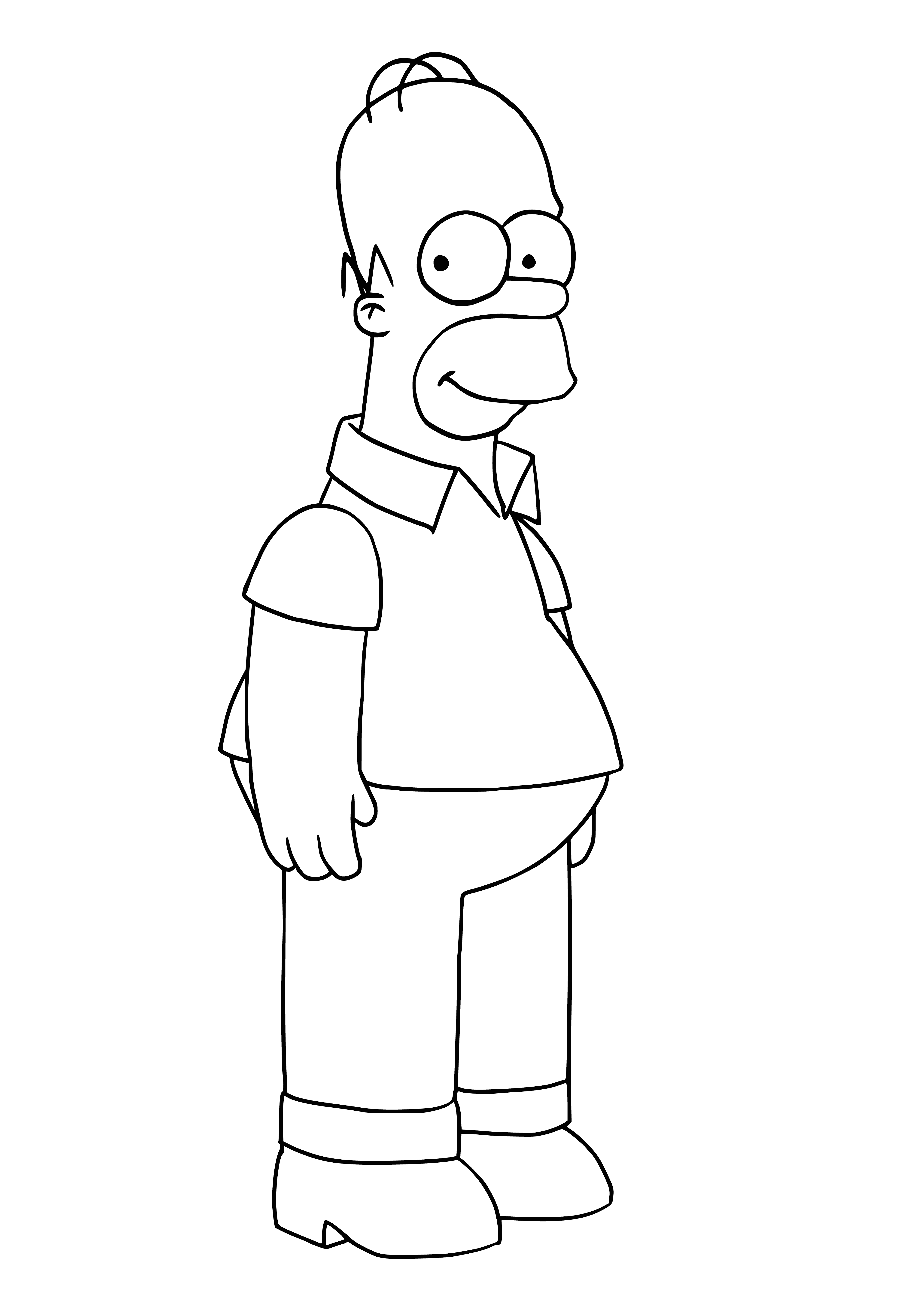 coloring page: Middle-aged, balding Homer sips beer in blue pants and shirt, black shoes and big belt.
