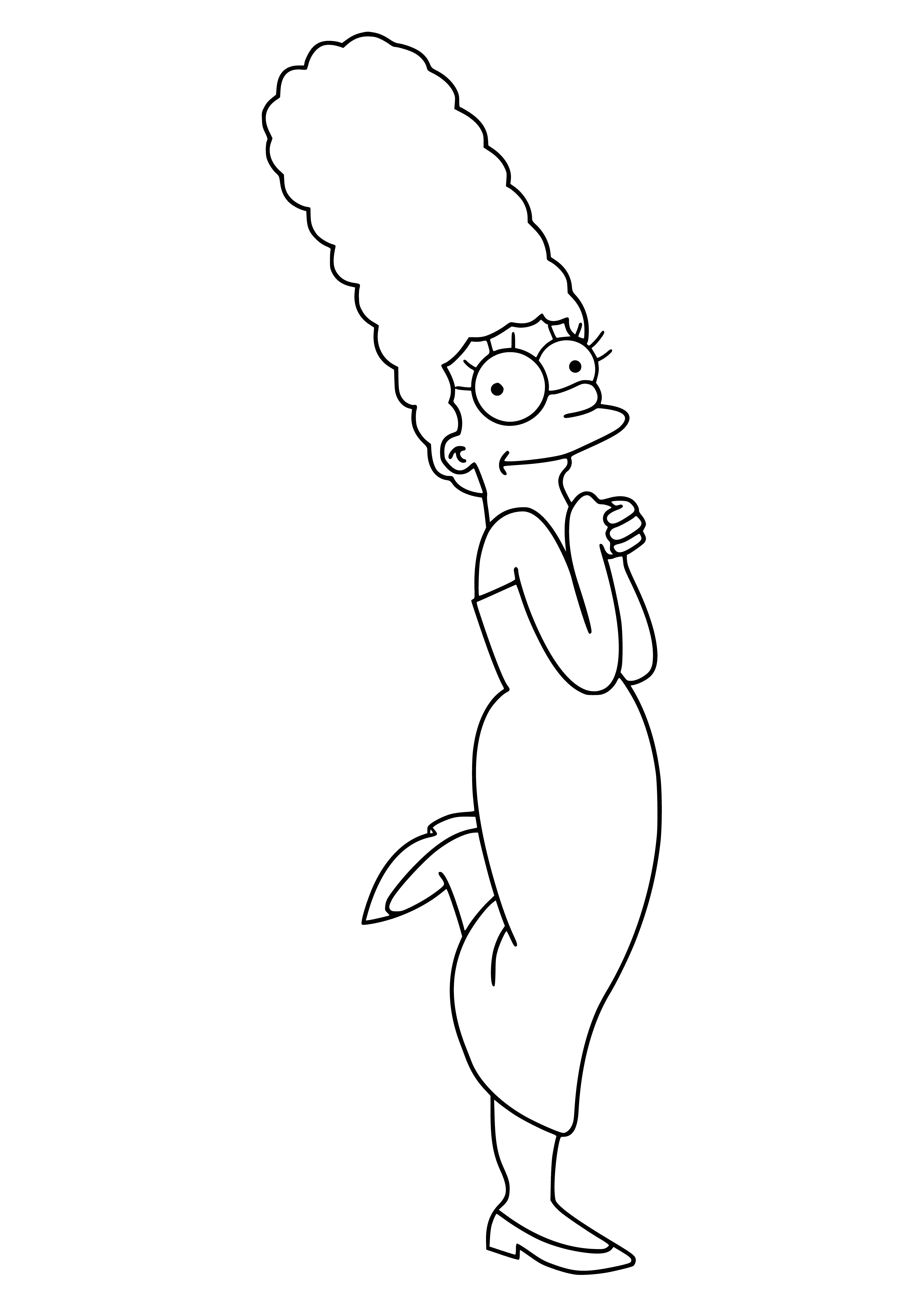 coloring page: Tall woman w/ blue beehive & green dress; serious expression; wearing pearls.