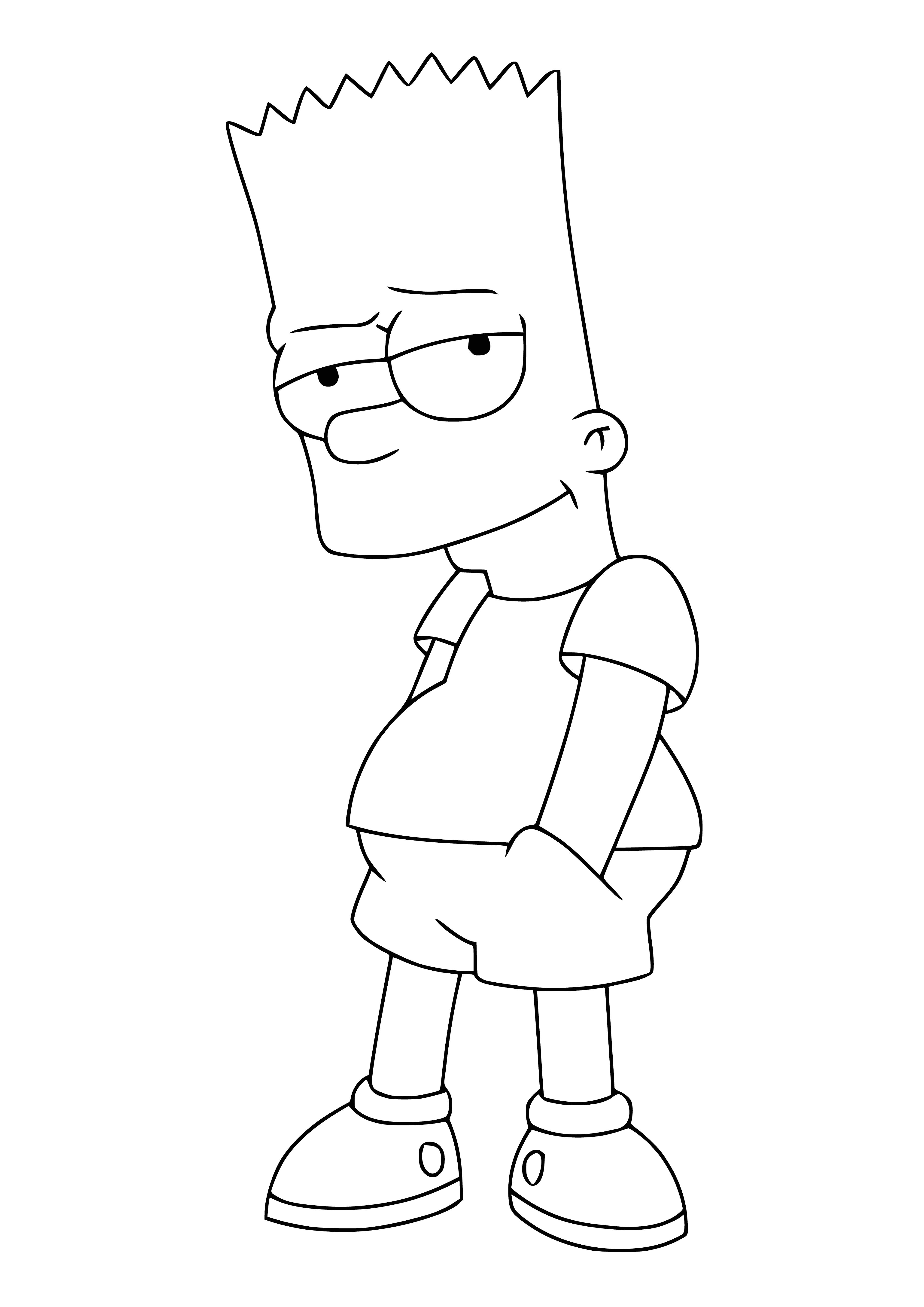 coloring page: Bart Simpson is a mischievous young boy from The Simpsons with yellow skin, blue eyes, & spiked hair wearing a red shirt, blue jeans & white sneakers.