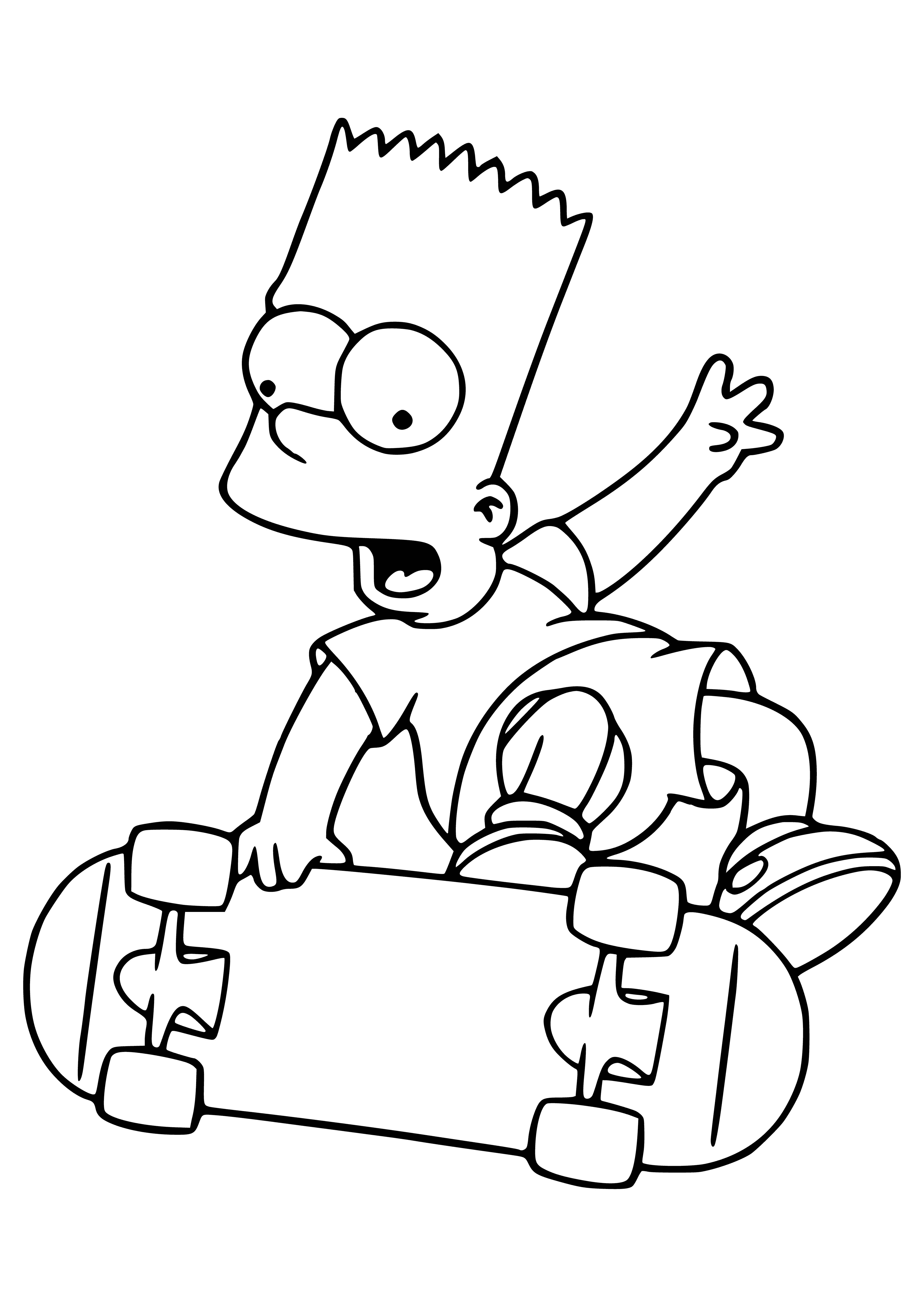 coloring page: Boy skateboarding down road wearing blue shirt and red shorts; yellow hair and black skateboard w/ yellow wheels.