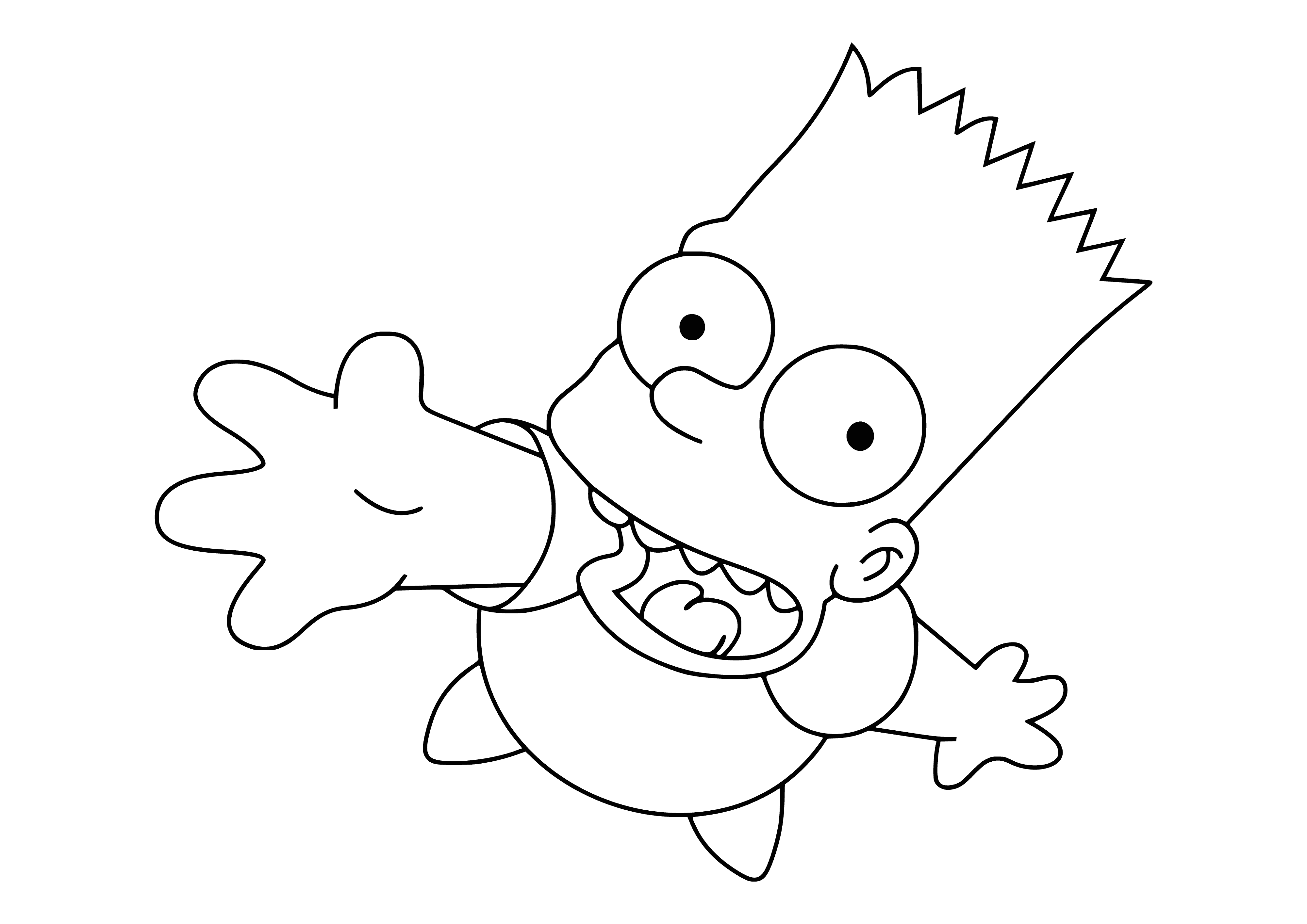 coloring page: Bart Simpson is up to mischief, wearing his signature yellow hair, blue shorts and red shirt, with arms crossed in front of a chalkboard.