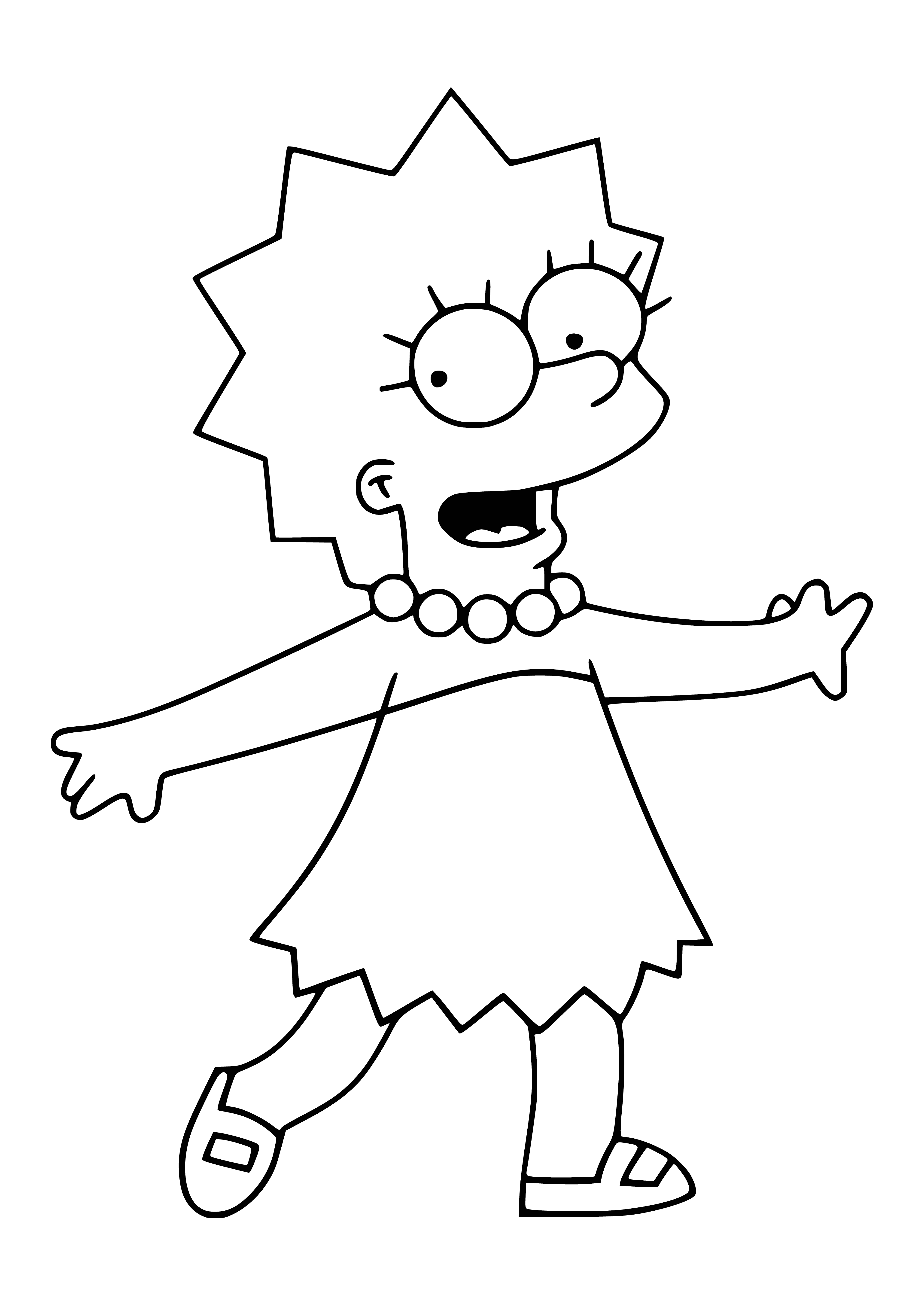 coloring page: "Lisa Simpson is an intelligent 8-yr-old who is a vegetarian, a talented jazz saxophonist, and a straight-A student. She stands up to bullying despite being labeled a nerd or geek."