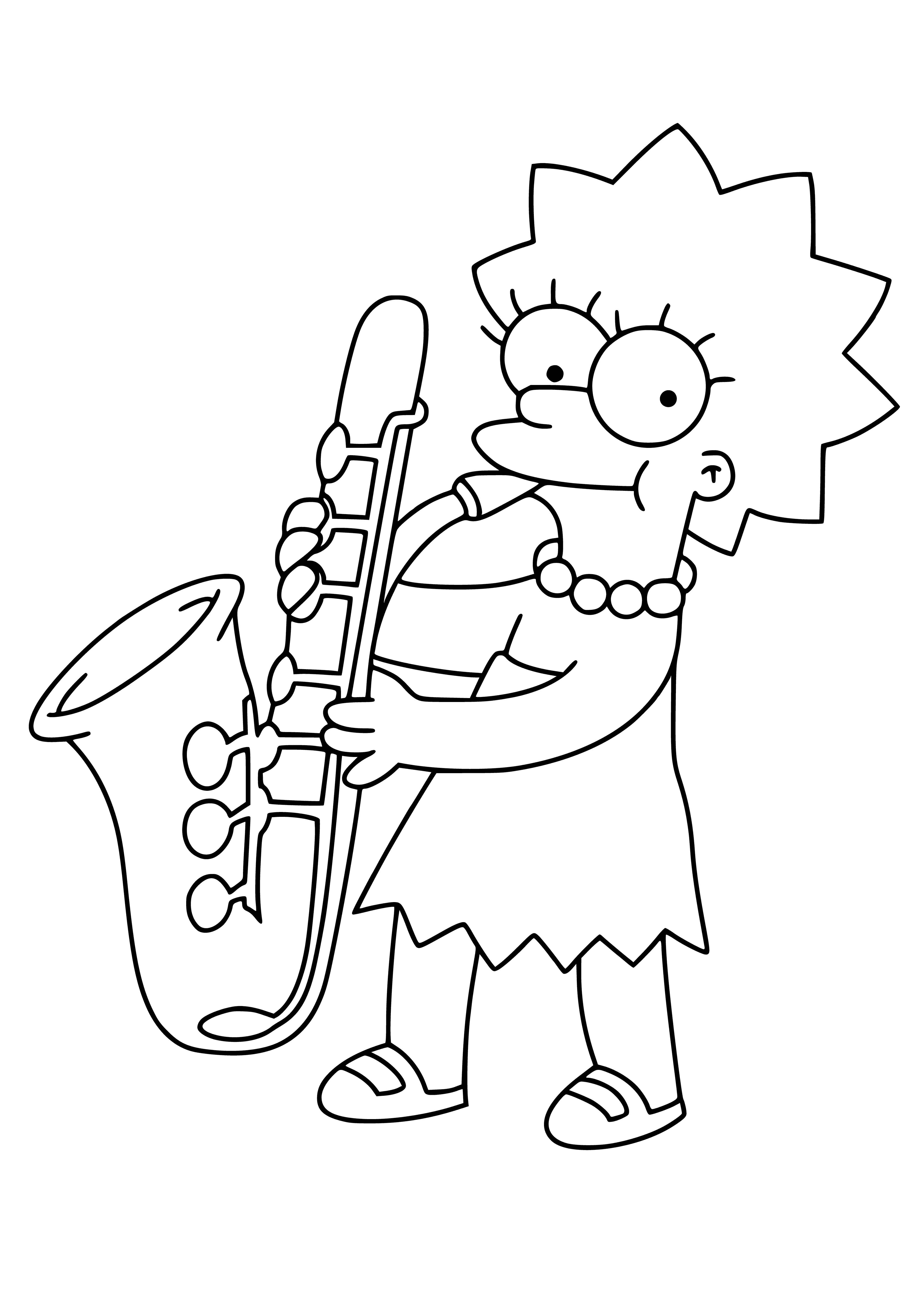 coloring page: Lisa, a young girl in glasses and white shirt, holds a saxophone while wearing a blue dress.