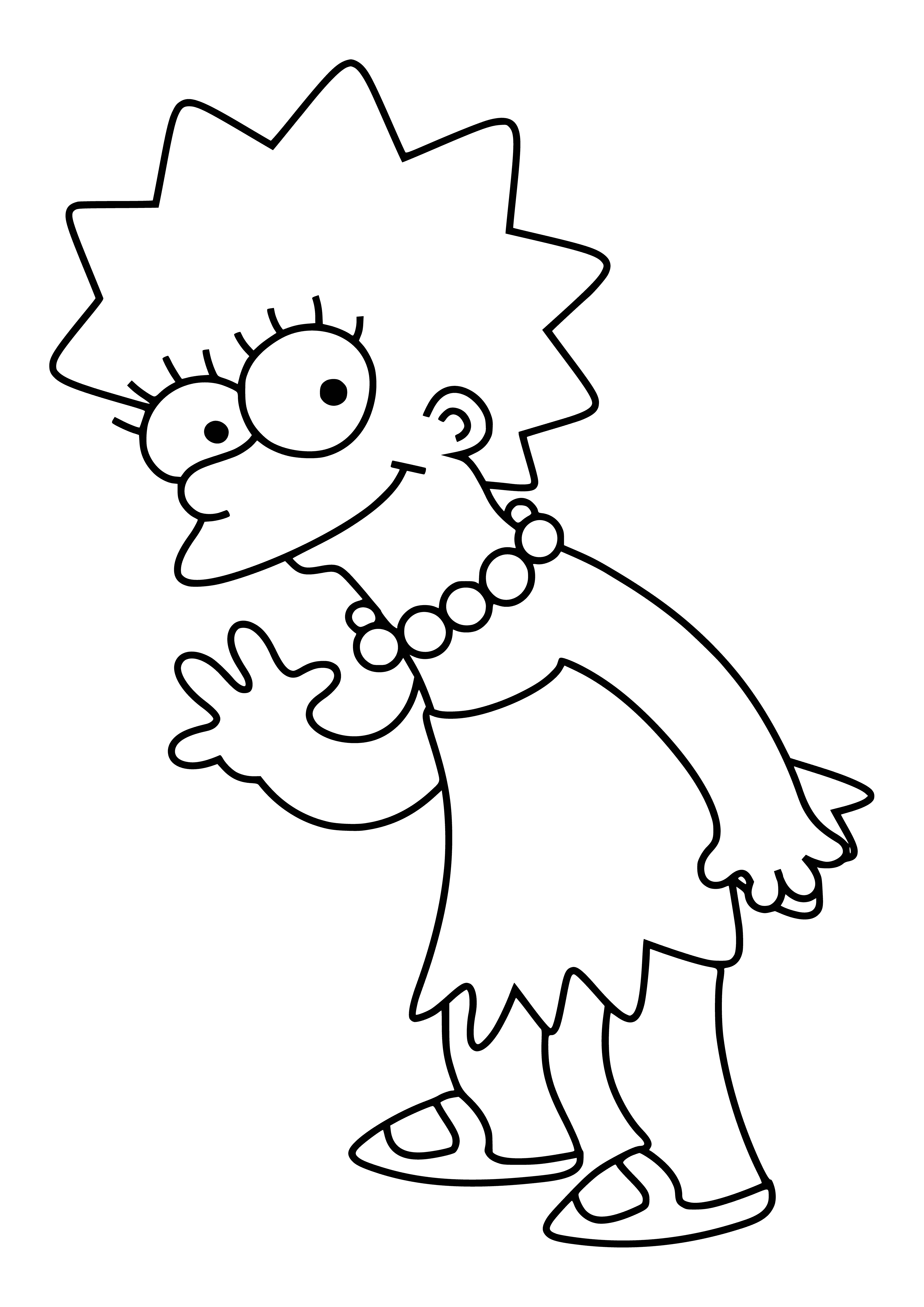 coloring page: 8yo Lisa is intelligent and helpful, plays sax/guitar, is a vegan, and is committed to her interests like school, music, and politics.