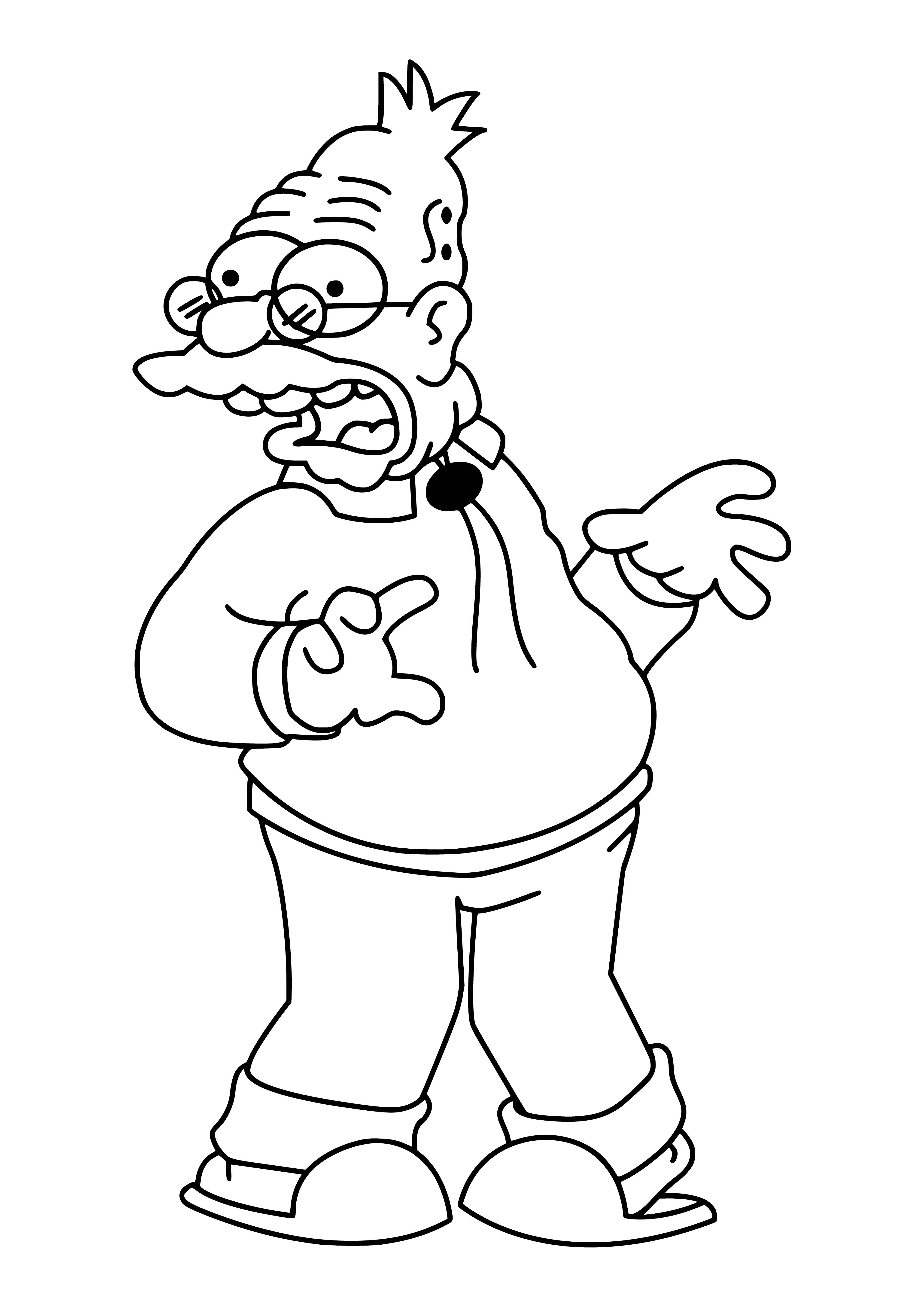 coloring page: Abraham Simpson is the father of Homer & grandfather of Bart, Lisa & Maggie; an elderly man with gray hair & mustache wearing glasses & a white shirt with a black tie, seated in a wheelchair.