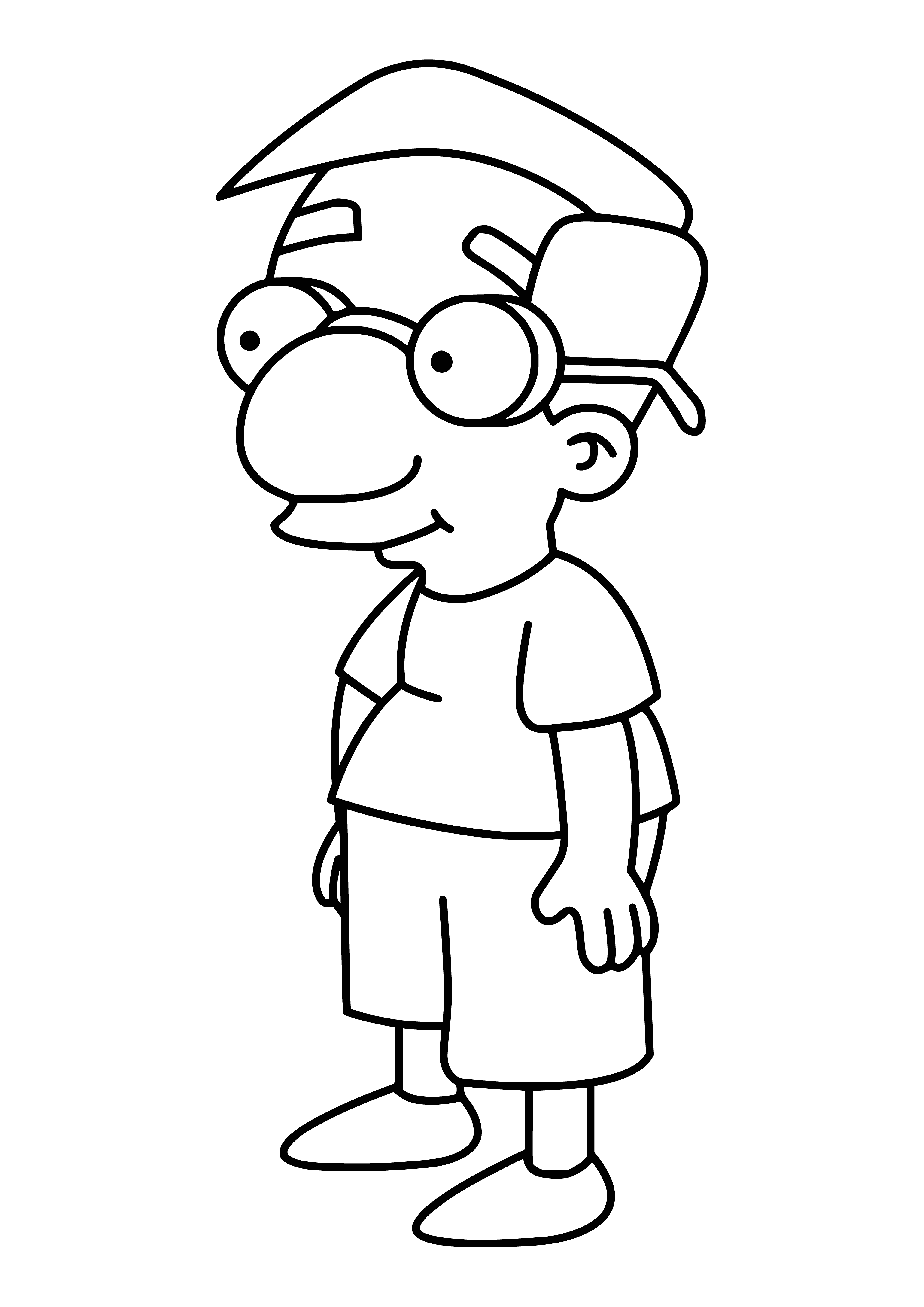 coloring page: Millhouse's outfit: red shirt, yellow jacket, blue pants & shoes; blue hair, big teeth.