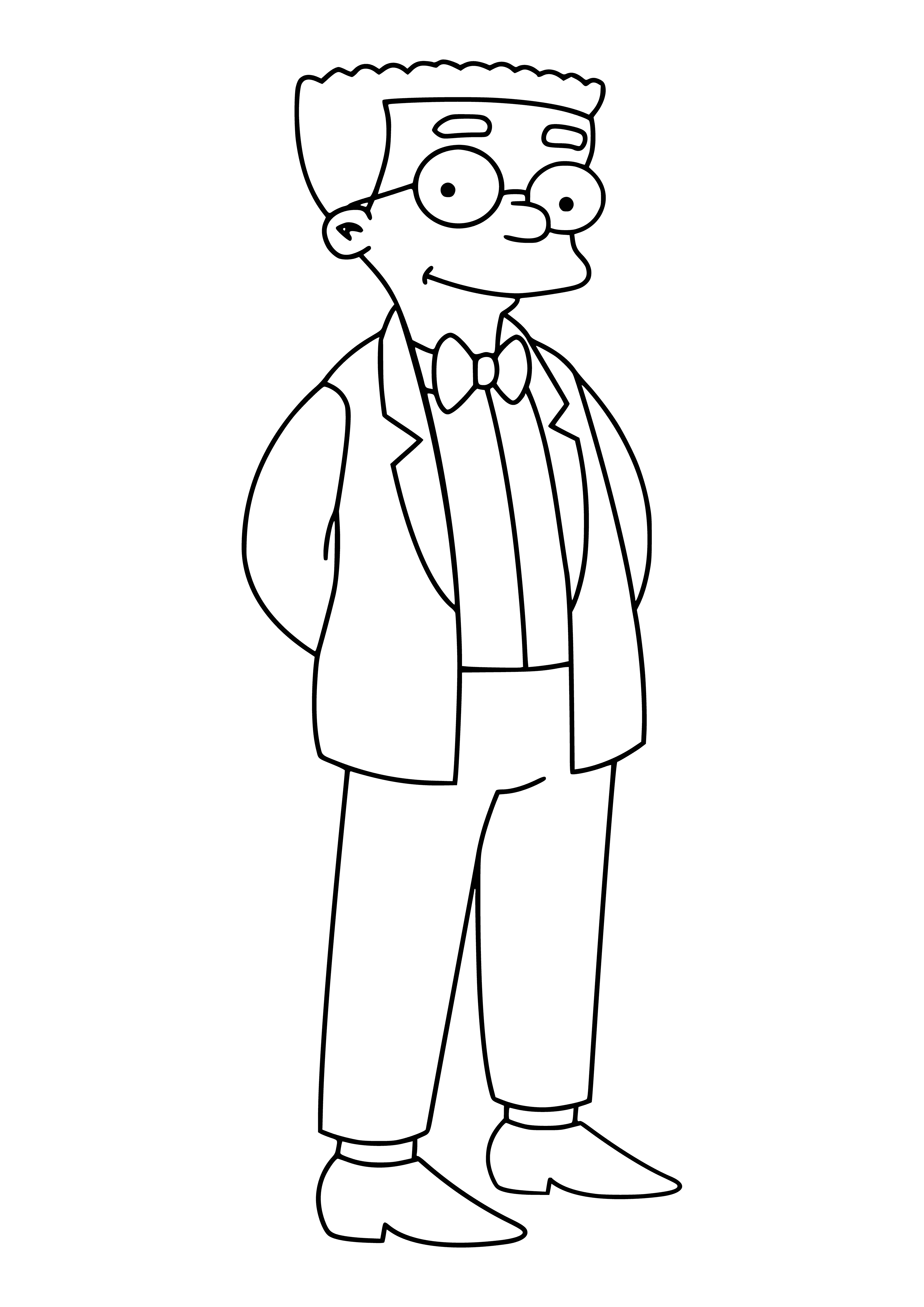 coloring page: Man in green shirt & blue tie looks at computer screen; dark brown hair & mustache. #colorpage