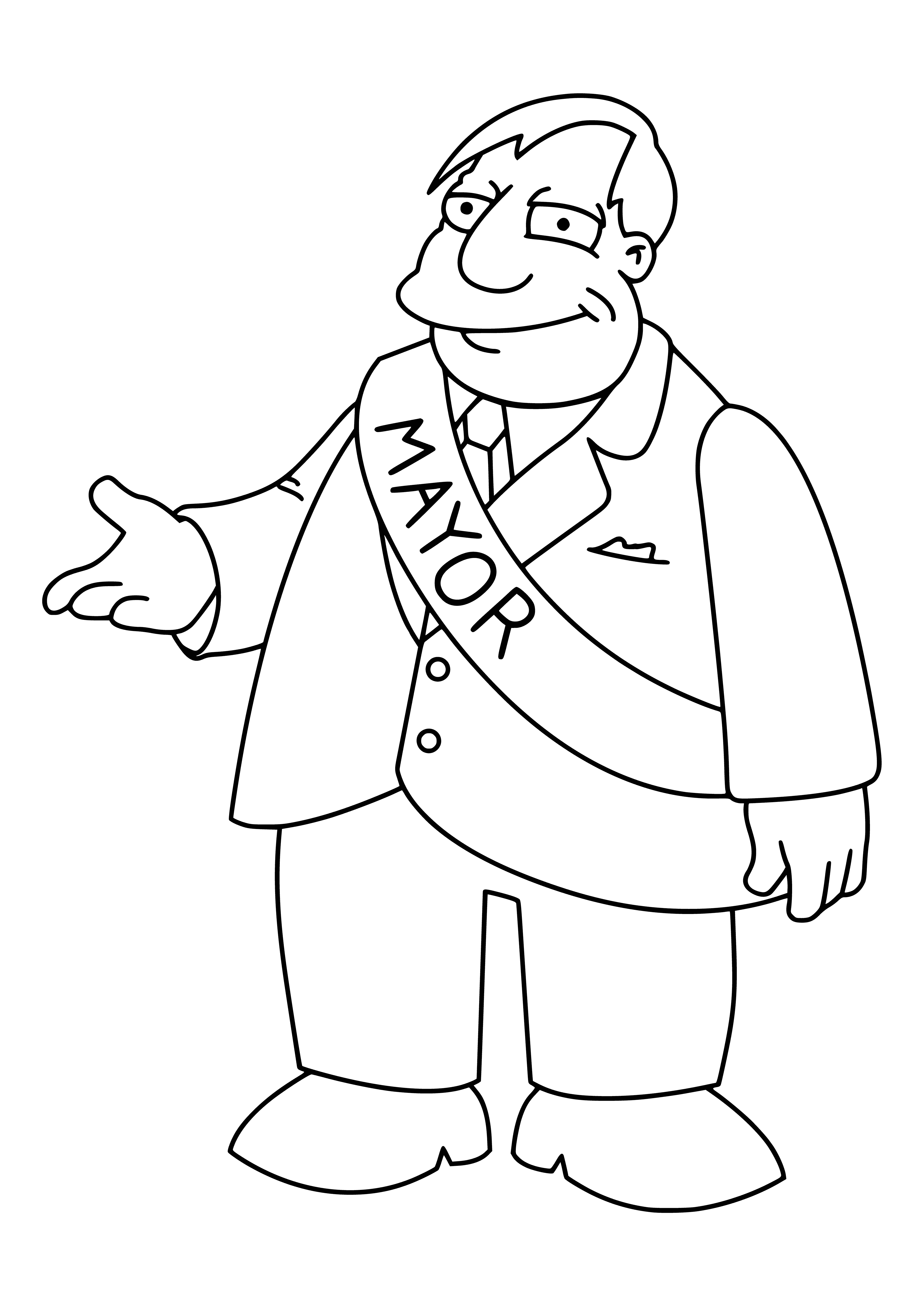 coloring page: Mayor Quimby is a suave suited man of power, seen from a desk overlooking the city his portrait displayed behind him.