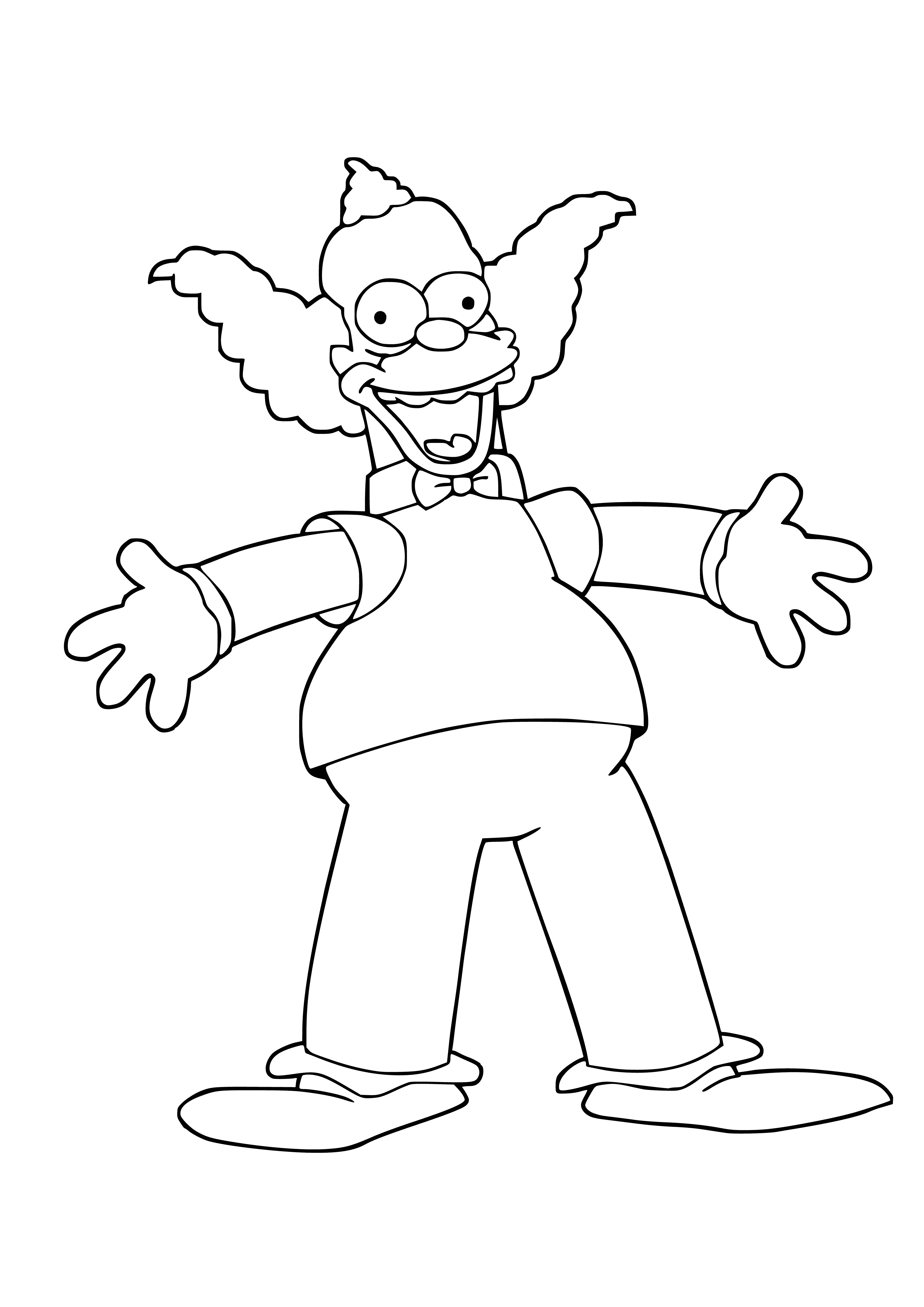 coloring page: Krusty the Clown joyfully entertains a cheering crowd in a bright red suit, holding a microphone and with a big red nose.