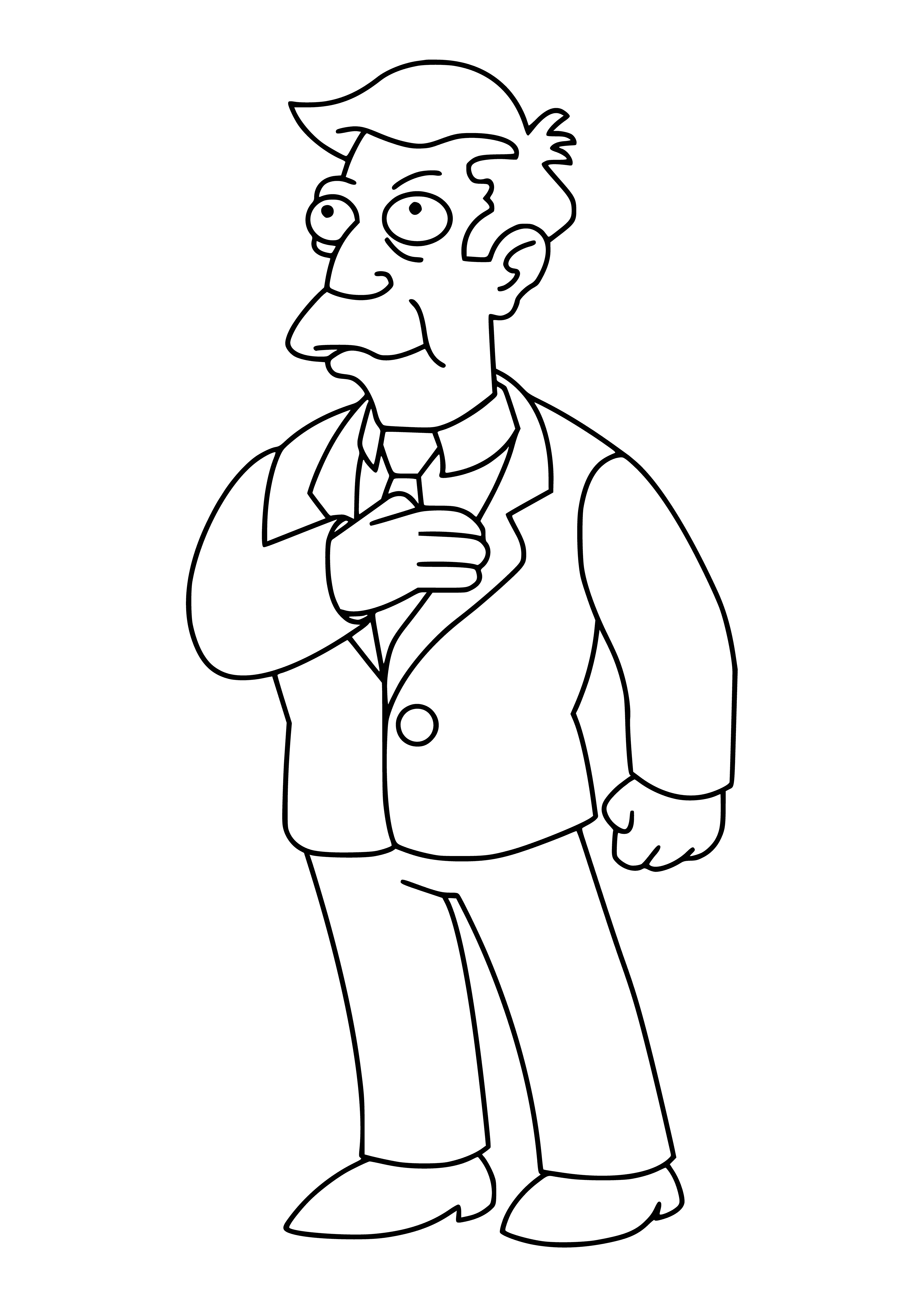coloring page: Coloring page of School Principal Seymour Skinner, gray hair, glasses & suit; stern facial expression.
