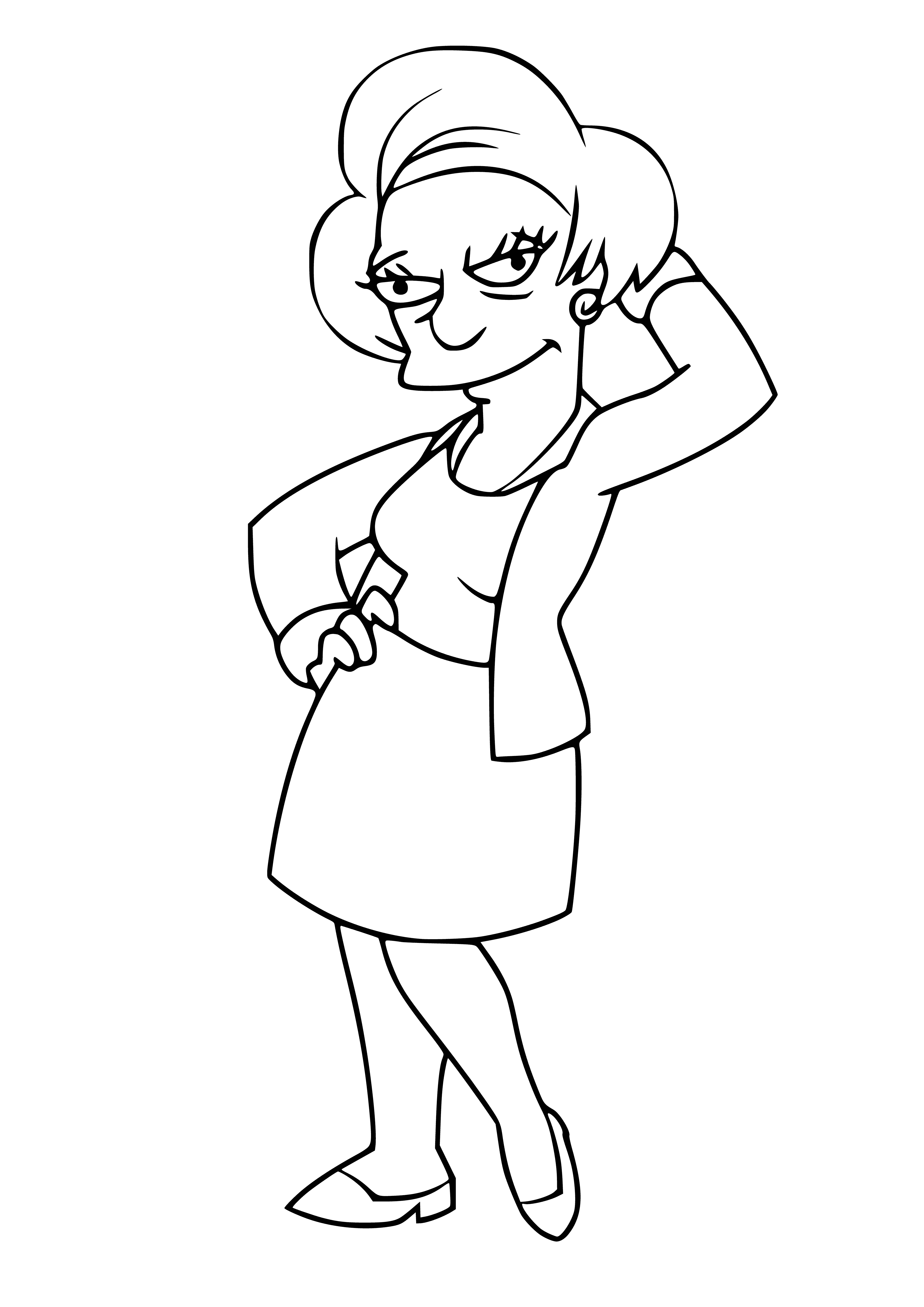 coloring page: Edna Crabapple from The Simpsons stands in her dress, smiling widely, holding a sponge. Eyes closed, hair pulled back in a bun.