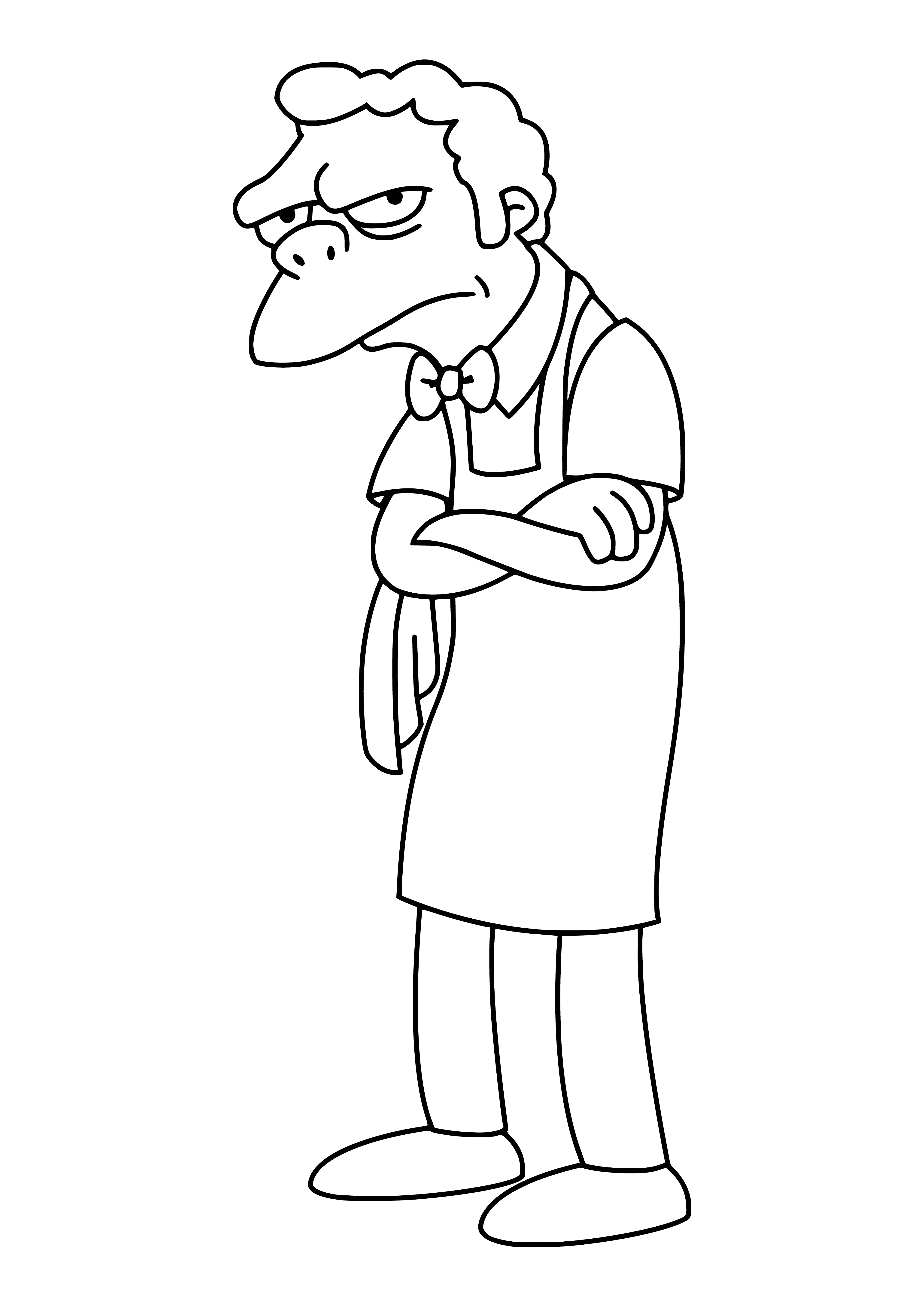 coloring page: Moe, the bartender with a bowtie and mustache, stands behind the bar with a shelf of liquor.