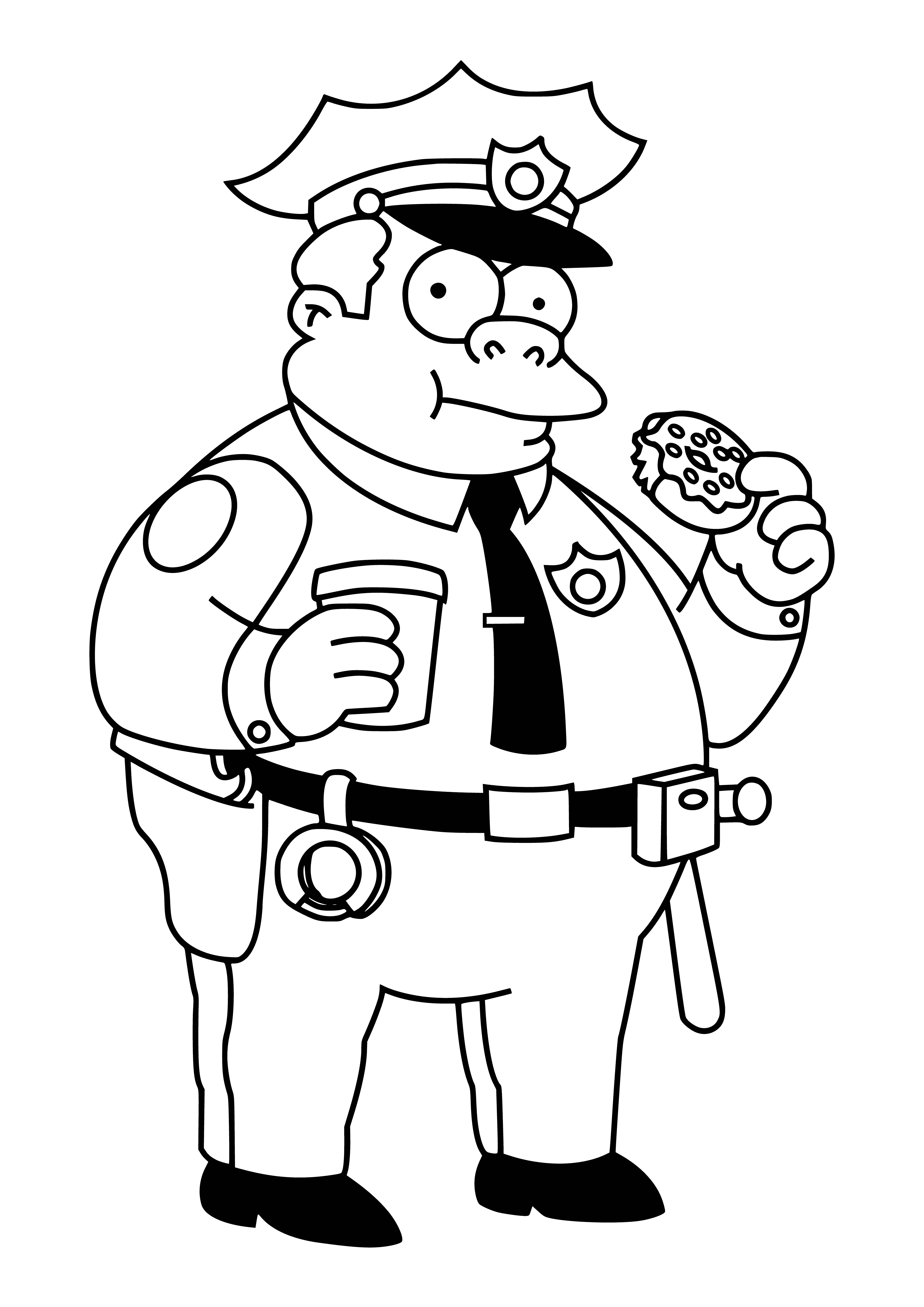 coloring page: Police Chief Clancy Wiggum looks unkempt & bored, his stained uniform and cigar ash not helping. He doesn't take his job seriously.
